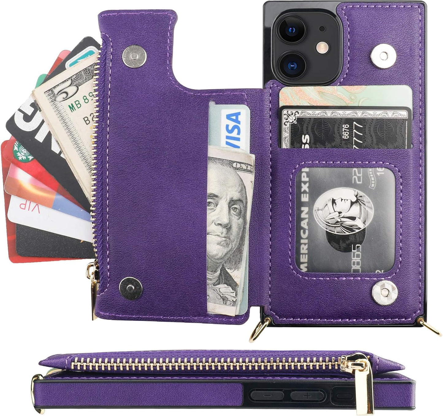 Bocasal 12/12 6.1 Inch(Purple) Crossbody Wallet Case for iPhone Pro with Card Holder,Zipper Card Slot Protector