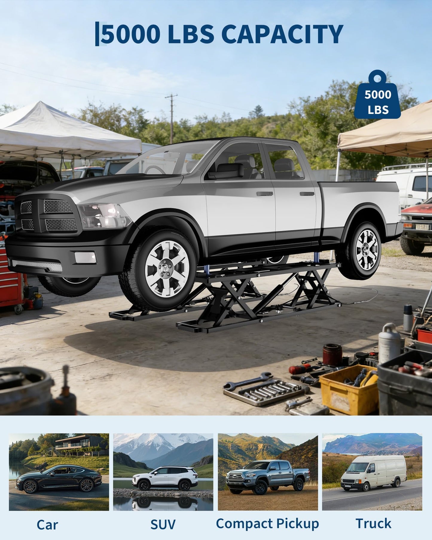 Garvee 5000 LBS Portable Car Lift, Heavy Duty Carbon Steel Truck Lift with 26.8" Max Lift Height, Adjustable Scissor Lift for Cars, SUVs & Light Trucks