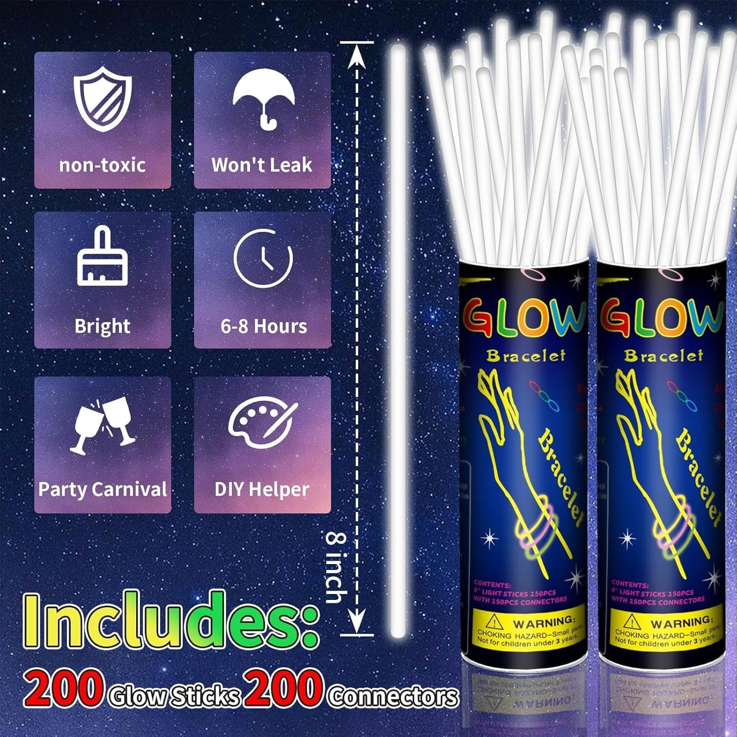 Skiennix 200 Pack Glow Sticks - 8'' White Light-Up Party Favors with Connectors for Birthdays & Holidays