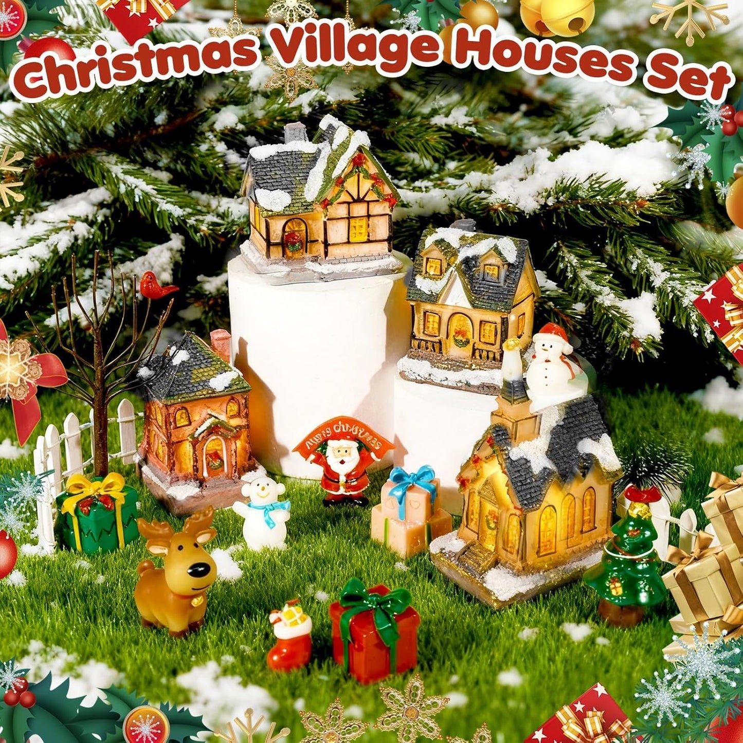 Warmtree Christmas Village Houses Set - 22 Pcs Resin Figurines with Santa, Tree & Picket Fence for Holiday Decor