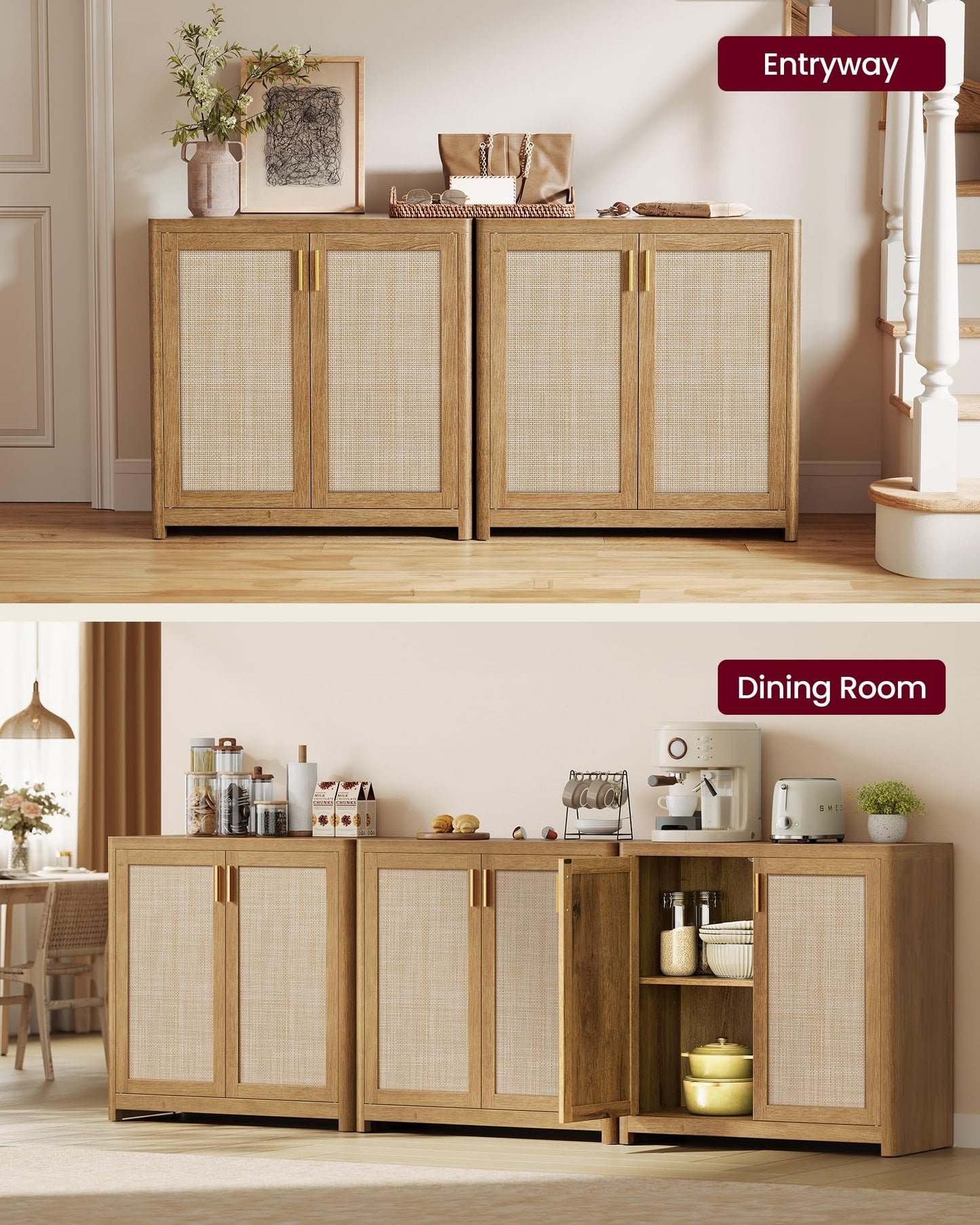 VASAGLE ELLAN Collection - Boho Buffet Cabinet with Rattan-Look Doors, Sideboard Storage Cabinet, Rounded Corners, Adjustable Shelf, for Kitchen, Natural Brown UBBK345KC01