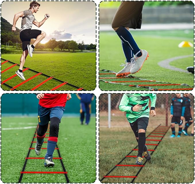 Professional Agility Ladder Speed Training Equipment Set-20ft Agility Ladder,12 Soccer Cones, 4 Agility Hurdles, Running Parachute, Suitable for Soccer Football Basketball Training