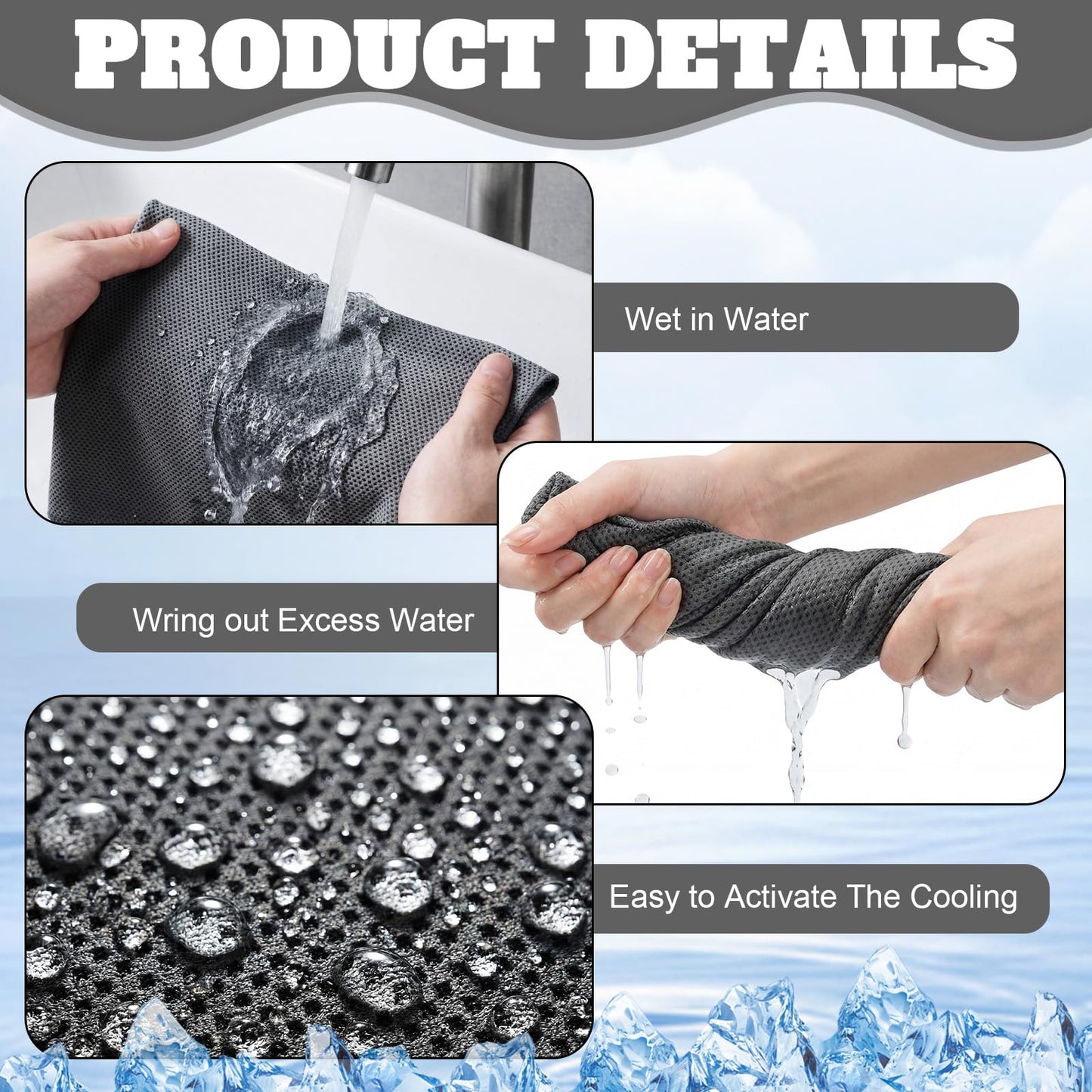 Honoson 60 Pcs Cooling Towel Bulk - 28" x 16" Neck & Face Cool Chilly Towels Microfiber Breathable Sport Sweat Rag for Gym, Yoga, Travel, Camping, Running, Outdoor(Dark Gray)