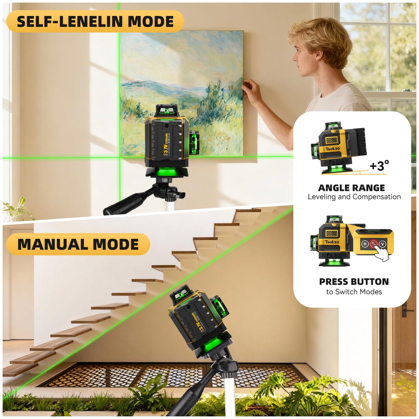 16 Lines Laser Level with Tripod - 360° Cross Line Laser with Tripod, 4D Green Laser Level, 4x360 Self Leveling Tool for Picture Hanging, Home Renovation, Indoor Project, 2 Batteries Included