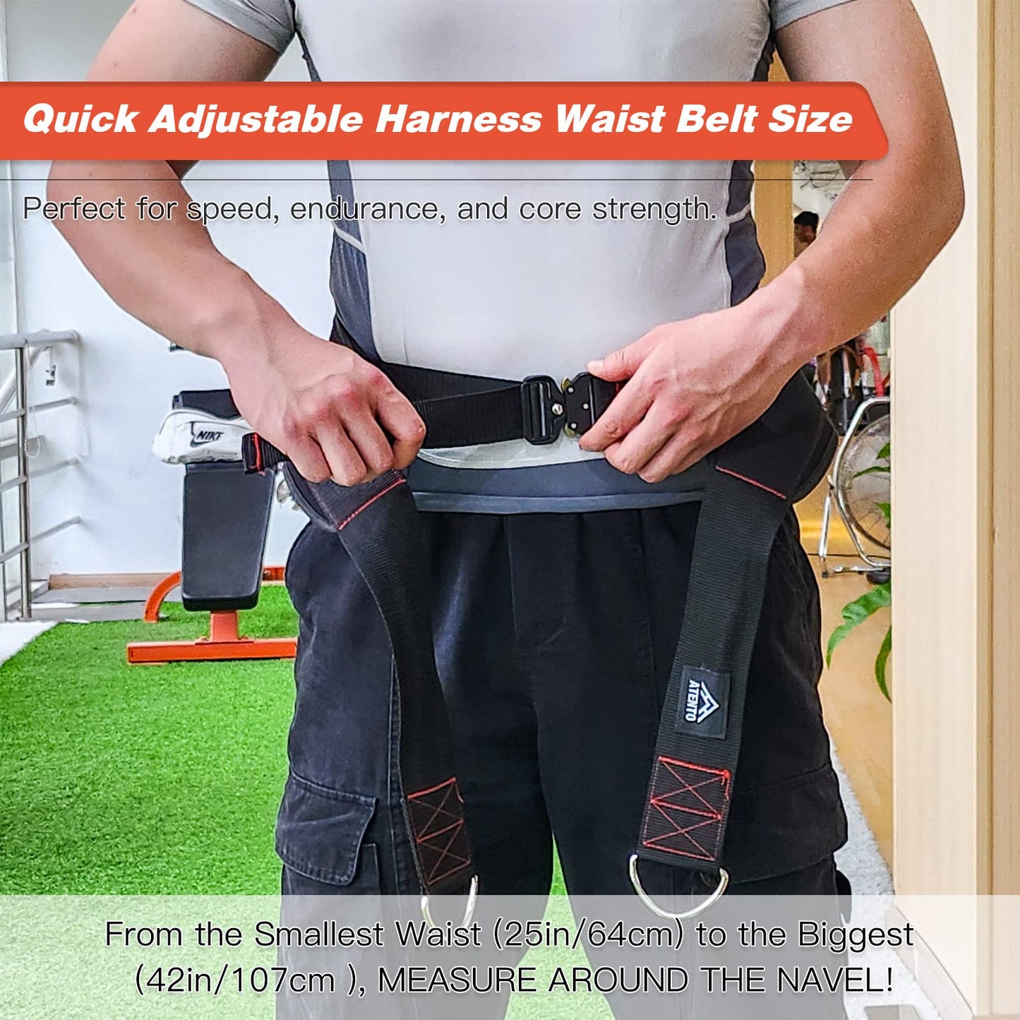 ATENTO Sled Pulling Belt, Adjustable Closure Sled Training Waist Belt,Weight Sled Pull Belt for Tire or Sled Pulling, Squat,Leg Muscles Strength Training, Agility, Resistance Training, Core Power Workout, Belt for Pulling with 2 Pulling Straps & 4 Hooks I