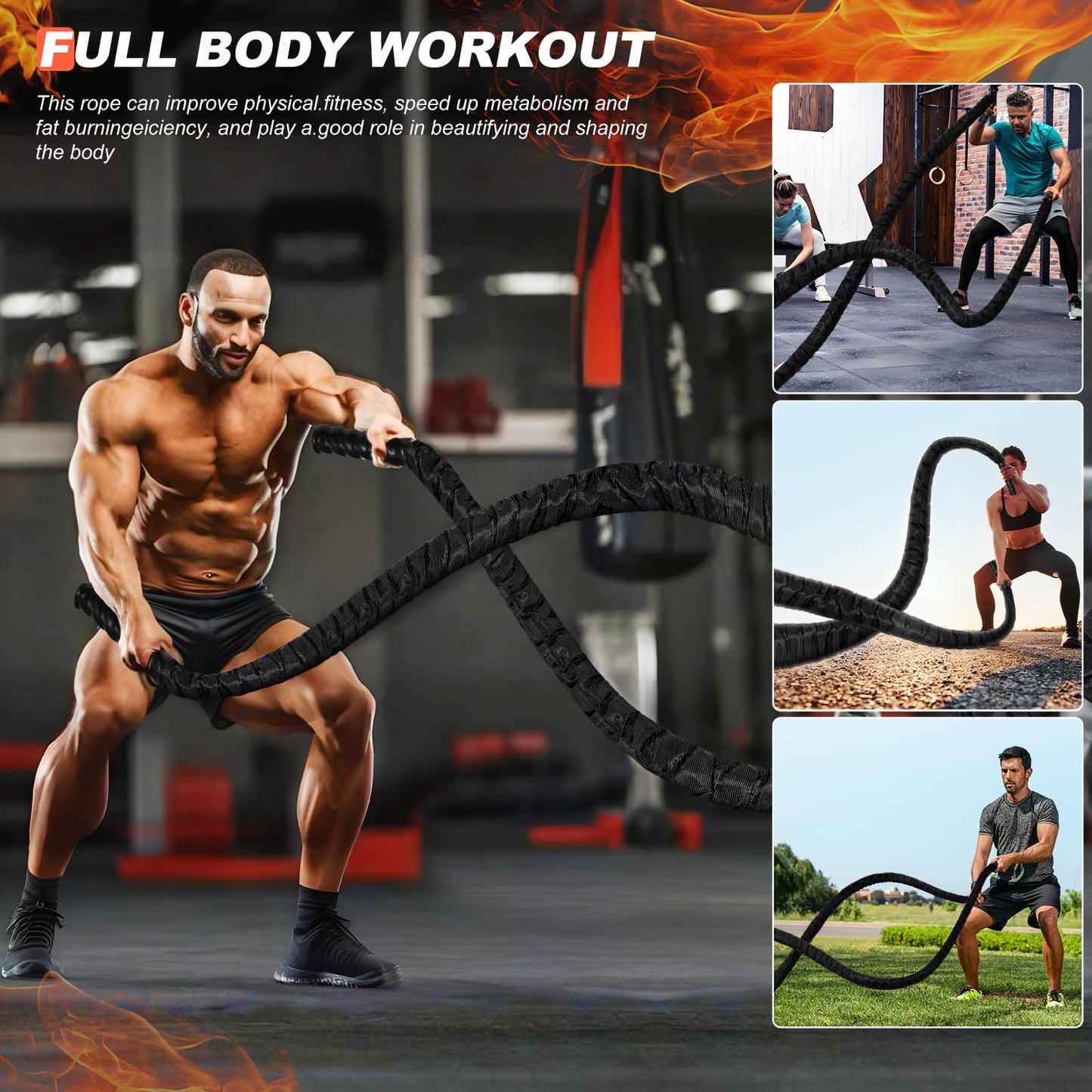 Battle Ropes for Home Gym Exercise: 1.26 Inch Diameter 30FT Length Workout Rope Exercise Rope Training Ropes with Protective Sleeve for Kids Men Women Exercise Fitness & Strength Training