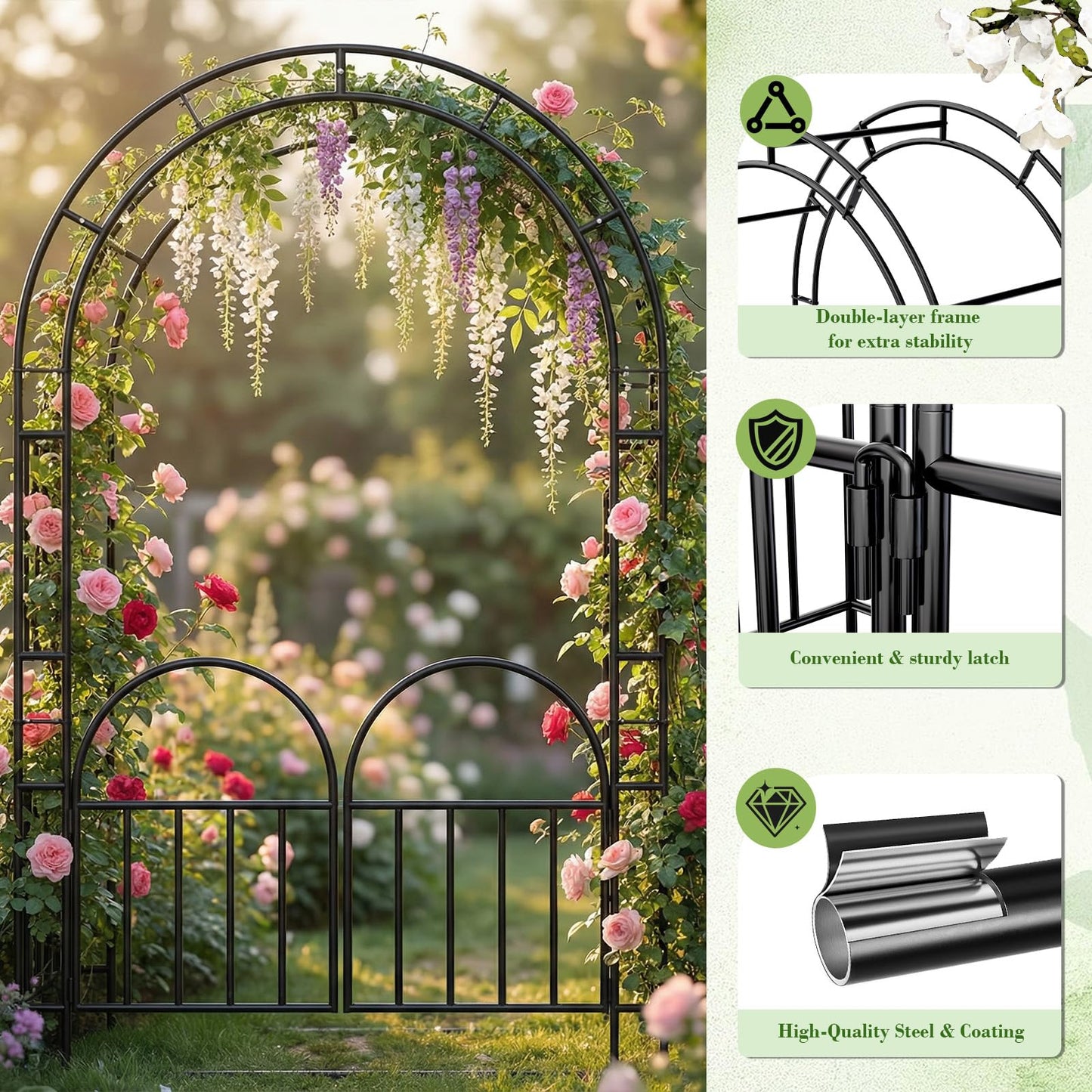 Kinchoix 7FT Garden Arch Arbor Heavy Duty Metal Arbour Archway Garden Arch Trellis for Climbing Plants Outdoor