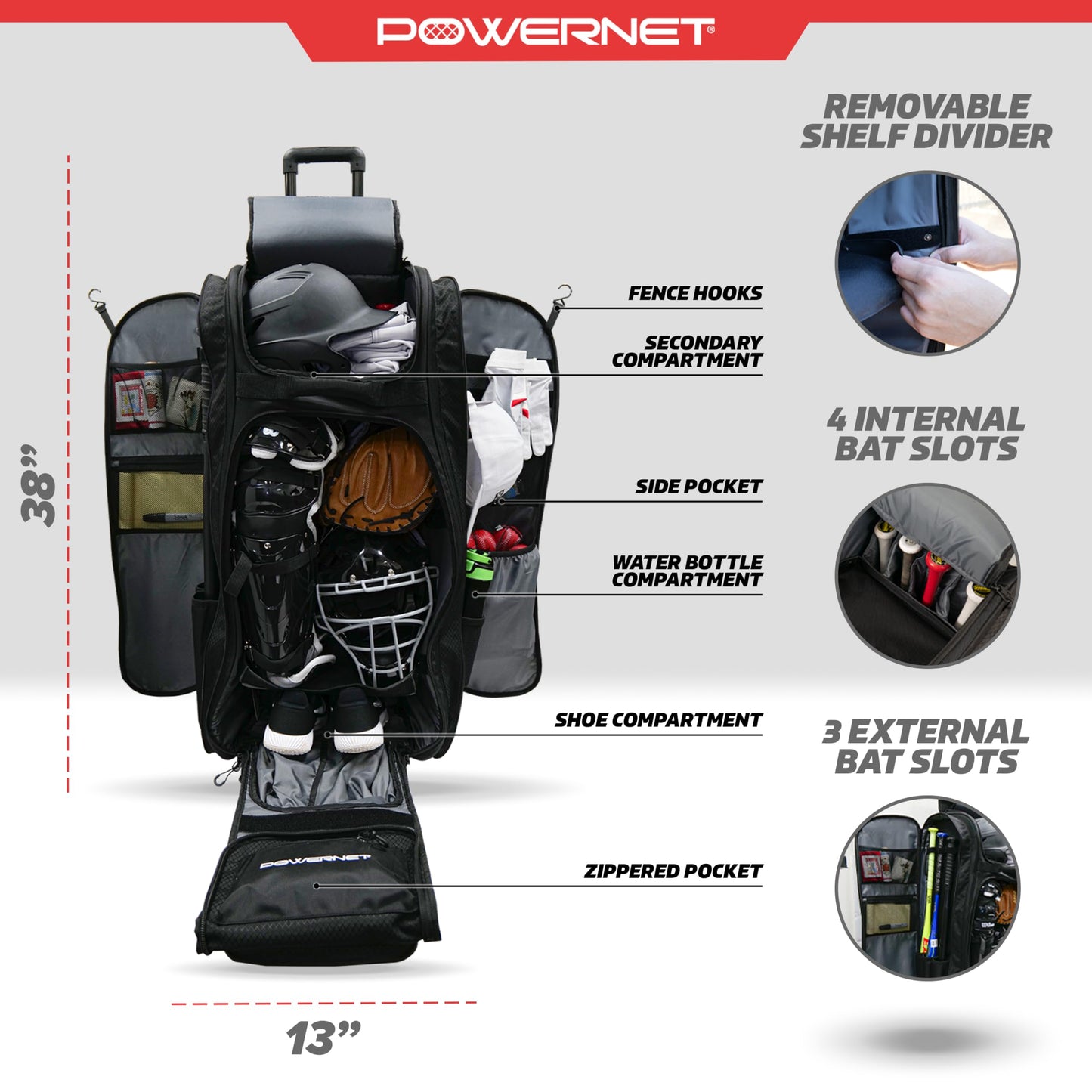 PowerNet Optimus Catcher's Bag, Rolling Equipment Bag Holds All Baseball & Softball Gear, 7 Internal Bat Sleeves, Cleat Compartment, Personalization Panel & Hooks