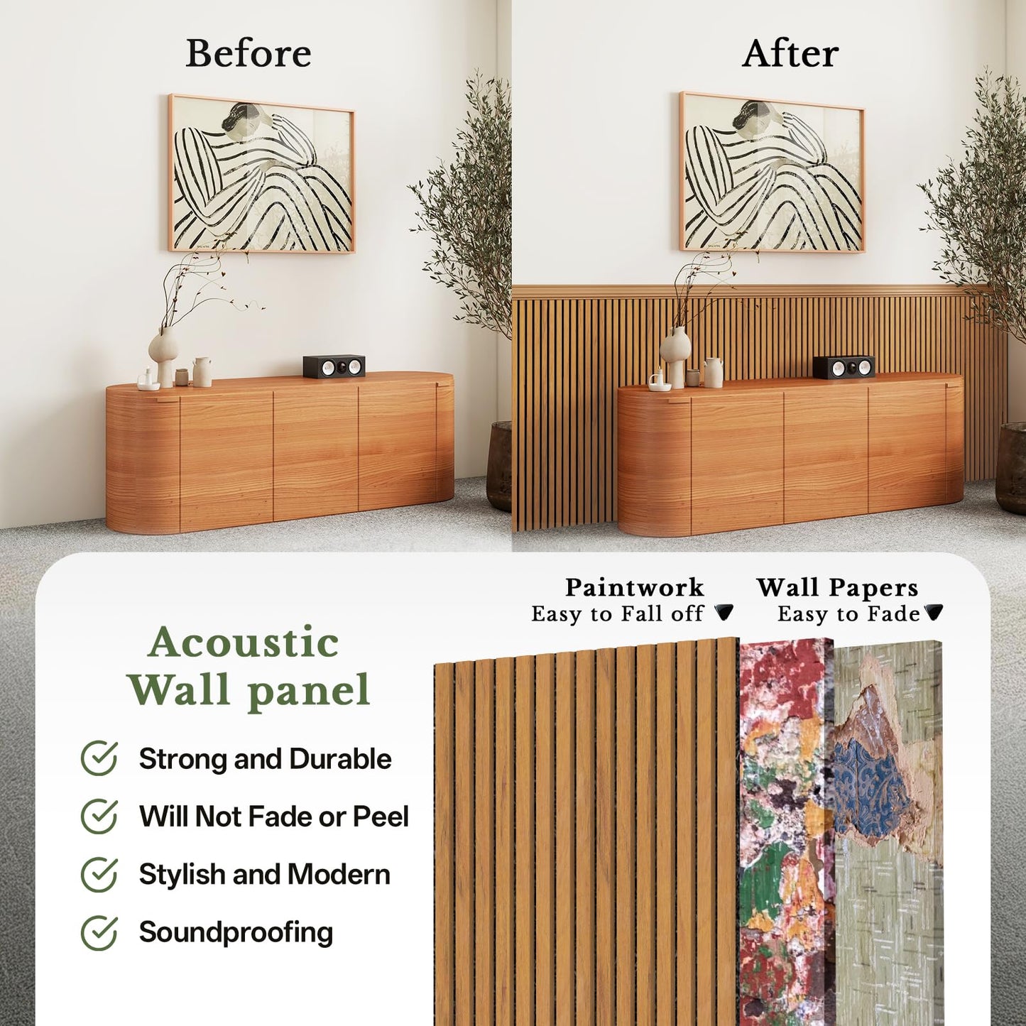 MISSDAY Wood Slat Acoustic Wall Panels, 4 Packs 47.2" x 23.6" Teak Soundproof Panel For Interior Wall Decor Noise Absorbing-3D Textured Wooden Panel Sound-Absorbing for Home, Office, Studio