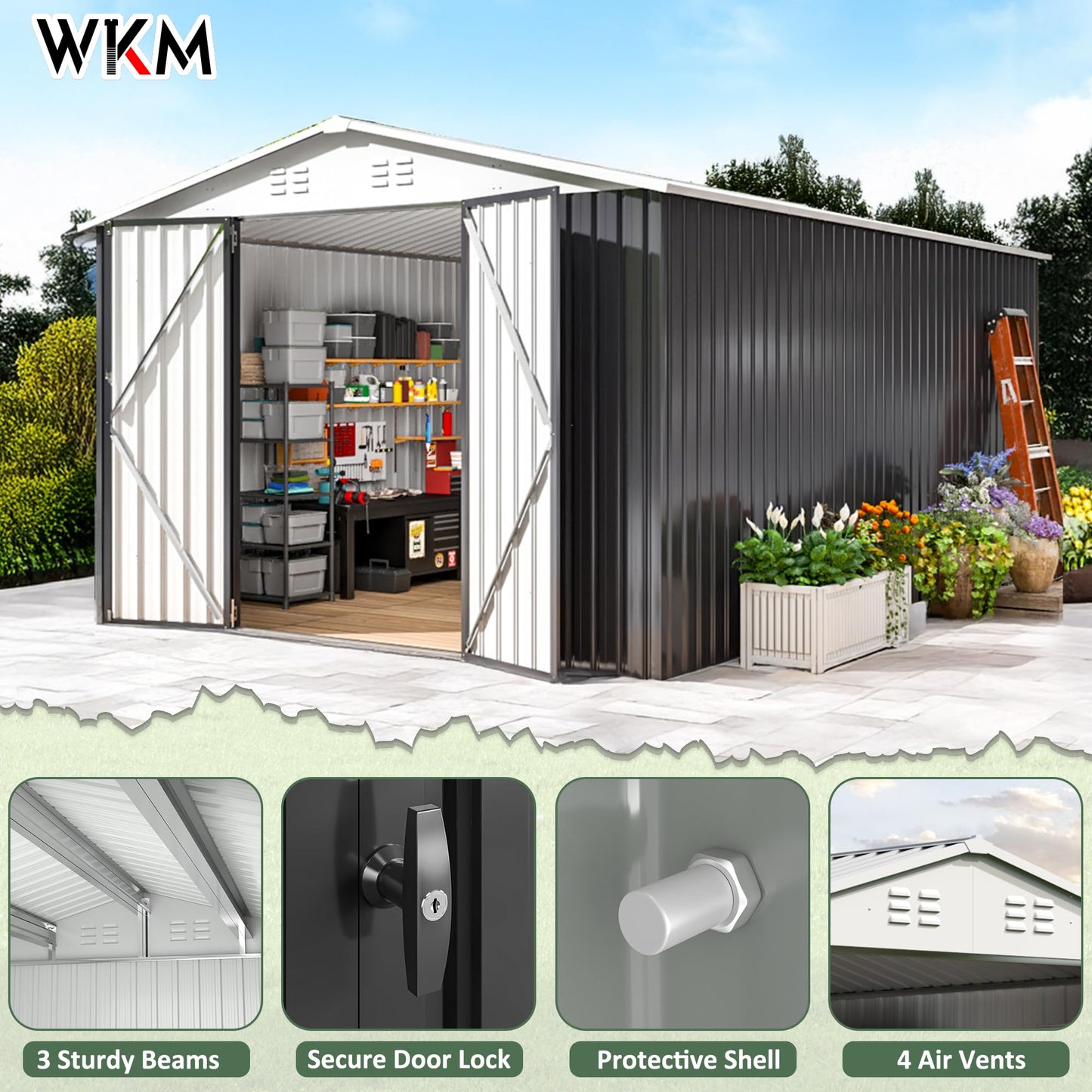 WKM 10x14 Metal Outdoor Storage Sheds, Heavy-Duty Galvanized Steel Garden Shed with Lockable Doors & 4 Vents, Waterproof Tool Shed Organizer for Outside, Backyard, Patio, Lawn, White