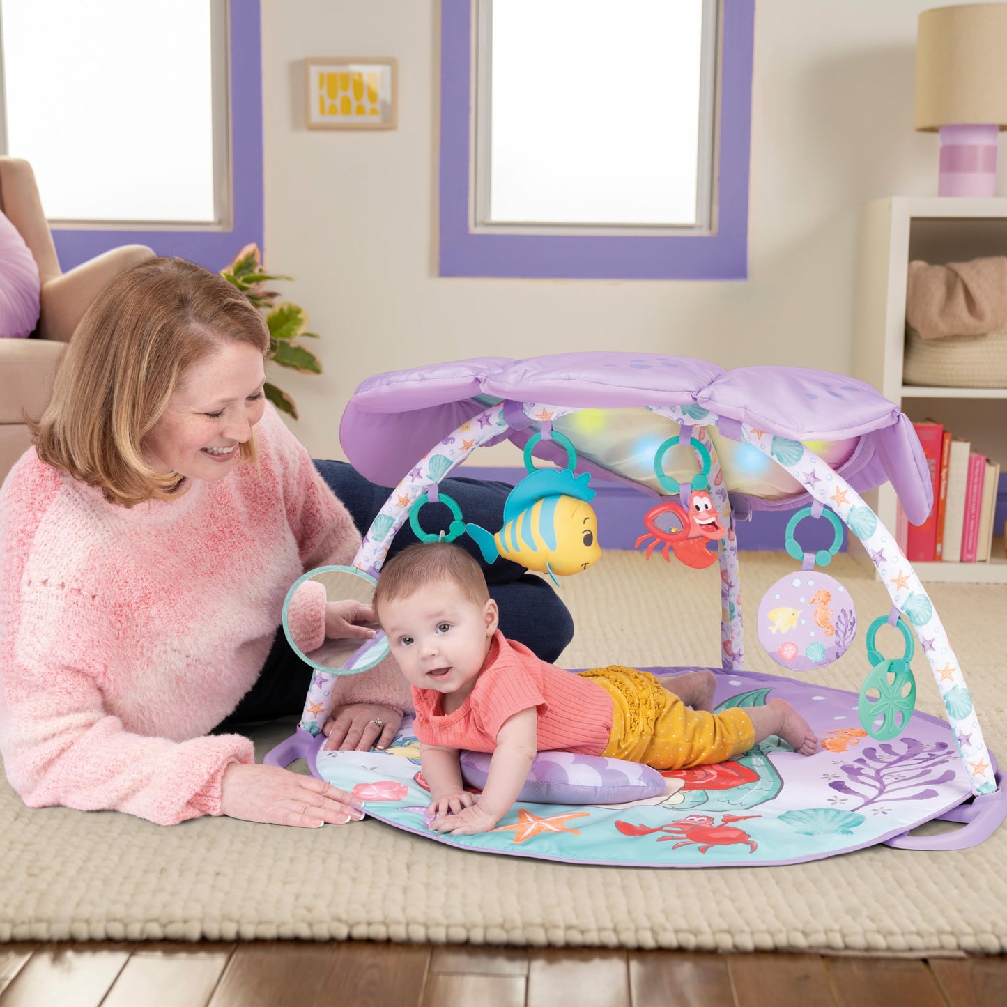 Bright Starts Disney Baby The Little Mermaid Twinkle Trove Light-Up Musical Baby Activity Gym with Tummy Time Pillow, Newborn+