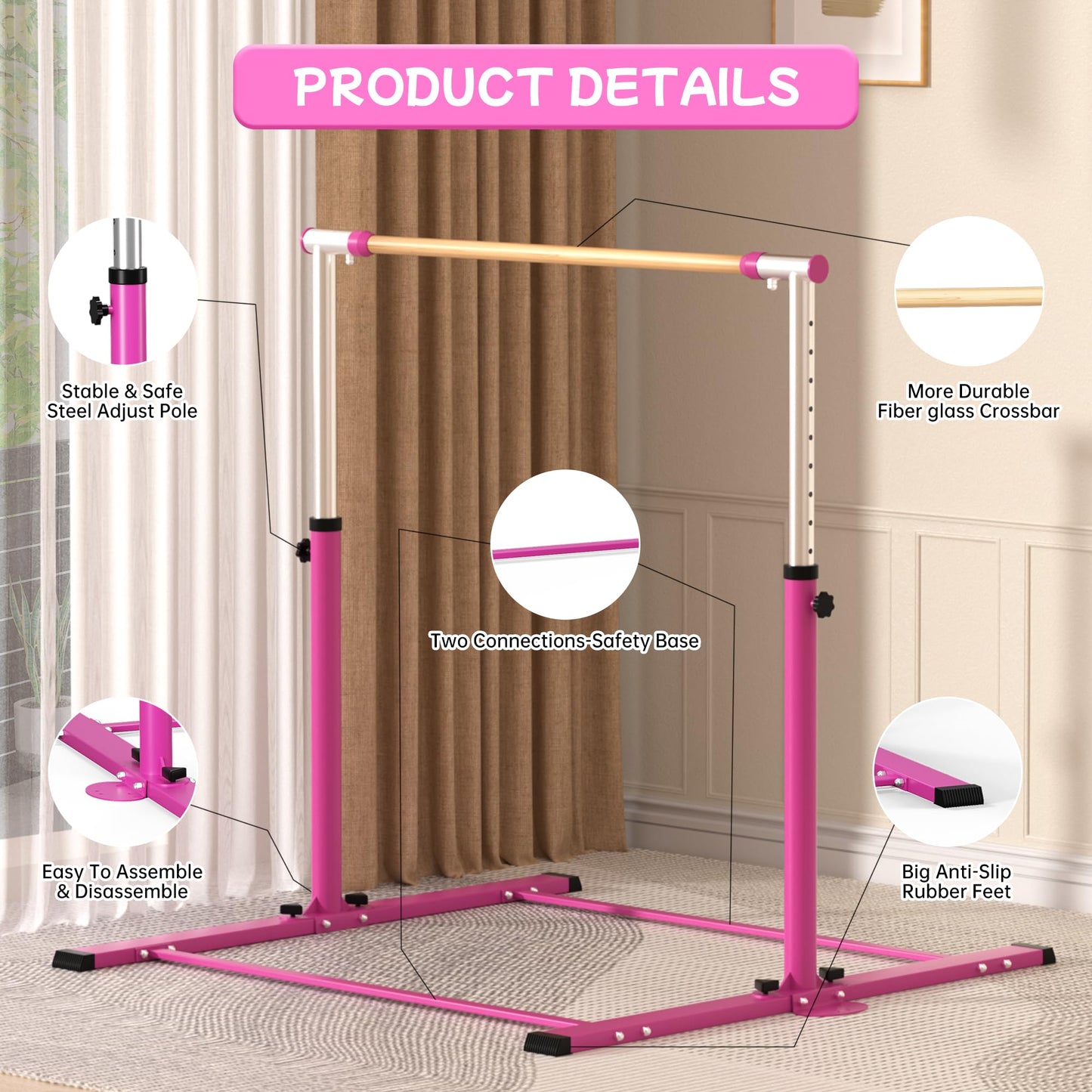 EL&IT·Wings Gymnastic Kip Bar,Horizontal Bar for Kids Girls Junior,3' to 5' Adjustable Height,Home Gym Equipment,Ideal for Indoor and Home Training,300lbs Weight Capacity