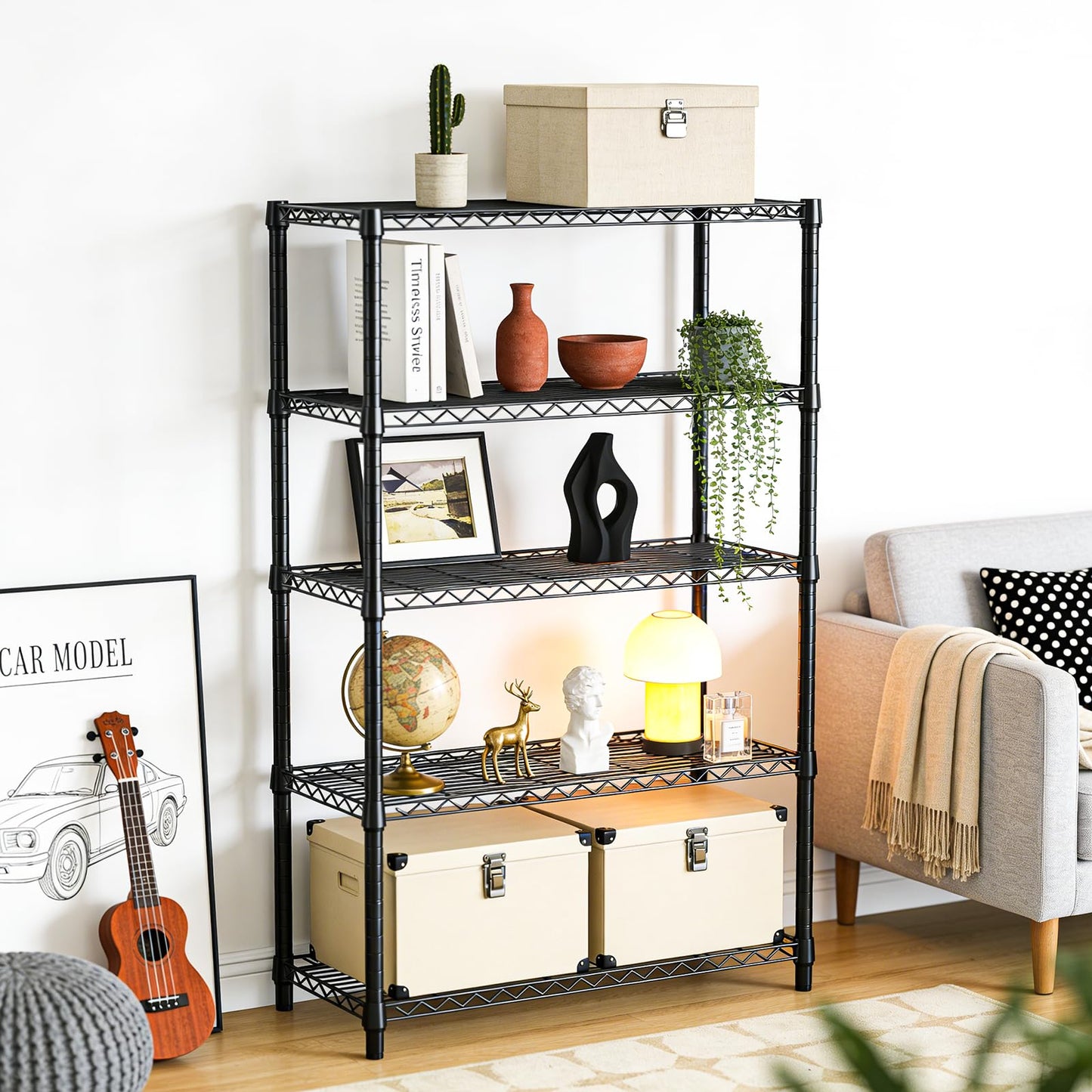 IZEUK 5-Tier Heavy Duty Metal Storage Shelving Unit, Adjustable Steel Wire Rack Shelf Organizer for Garage, Kitchen, Basement, Laundry, Office(Black, 17.7" D x 47.2" W x 72.3" H, 1750 lbs Capacity)