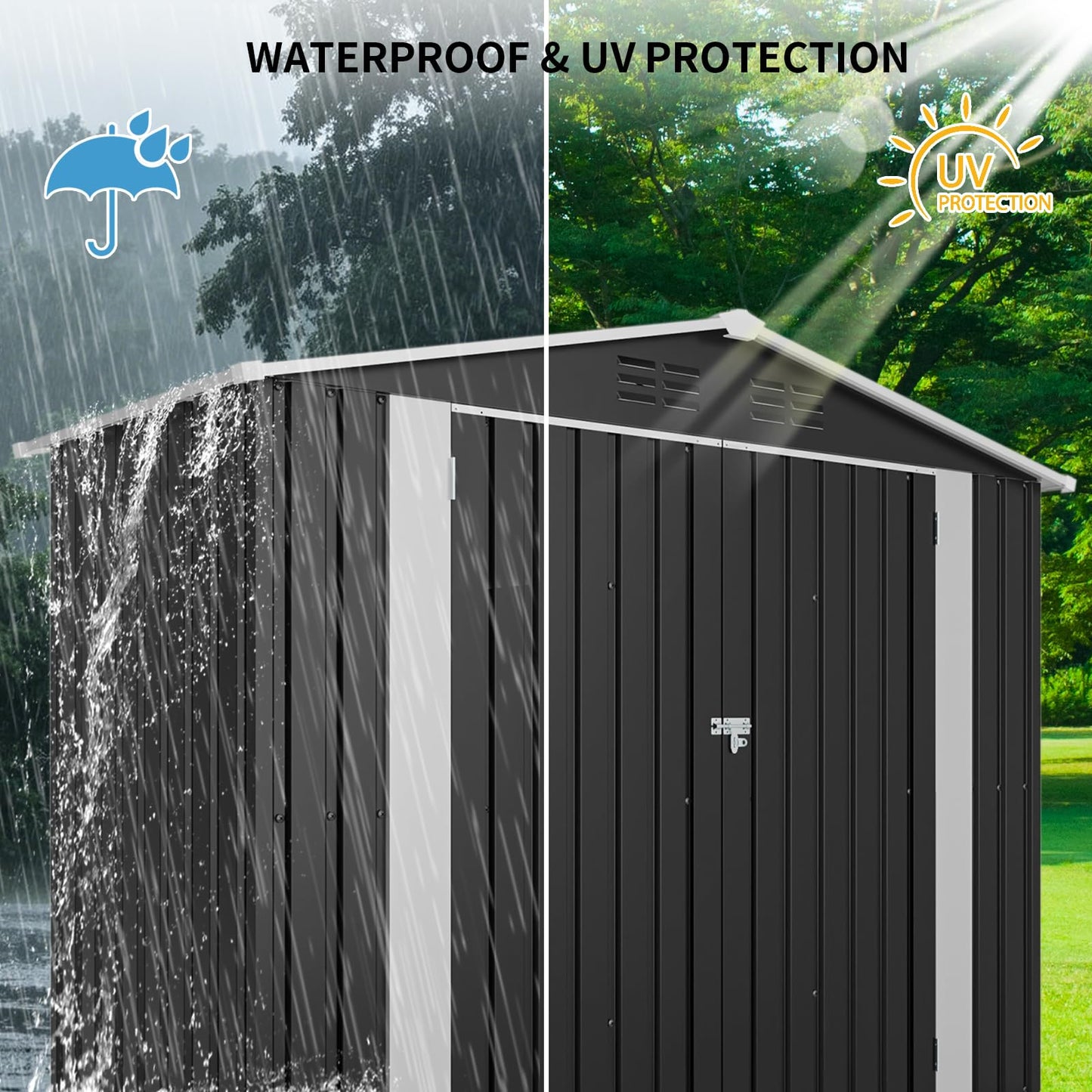 KEIKI 8x4 FT Outdoor Metal Storage Shed with Lockable Door, Heavy Duty Galvanized Steel Garden Tool Shed with Sloped Roof and Air Vents, Weatherproof Backyard Organizer for Patio Lawn, Black