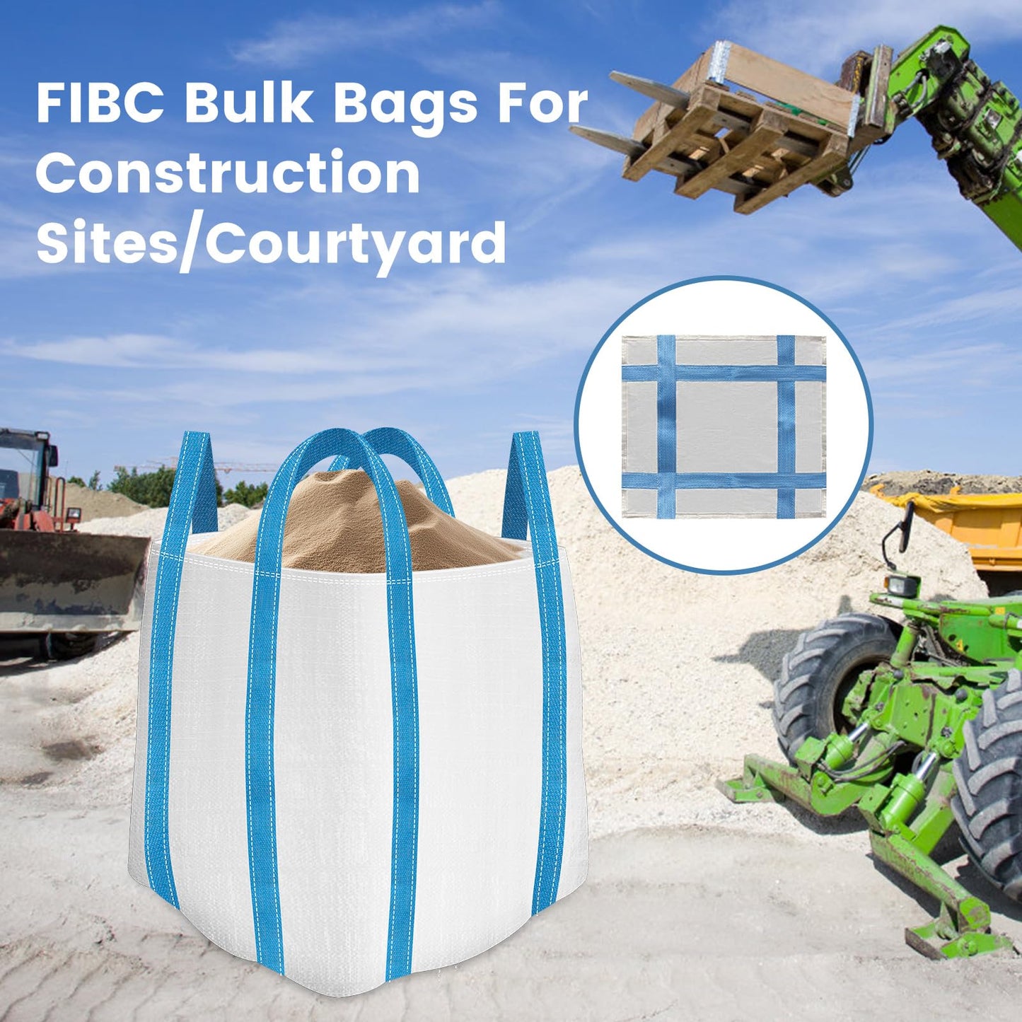 FIBC Bulk Bag, 1 Ton Bag, 35"L x 35"W x 43"H, 2000 lbs SWL, 6 Pack, Duffle Top Flat Bottom, Heavy Duty Woven Polypropylene Bags for Industry Construction