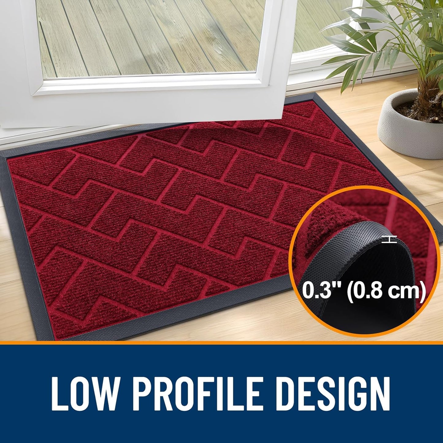 OLANLY Waterproof Front Door Mat - All-Season Herringbone Design, Easy Clean Natural Rubber | Wine Red, 29.5x17