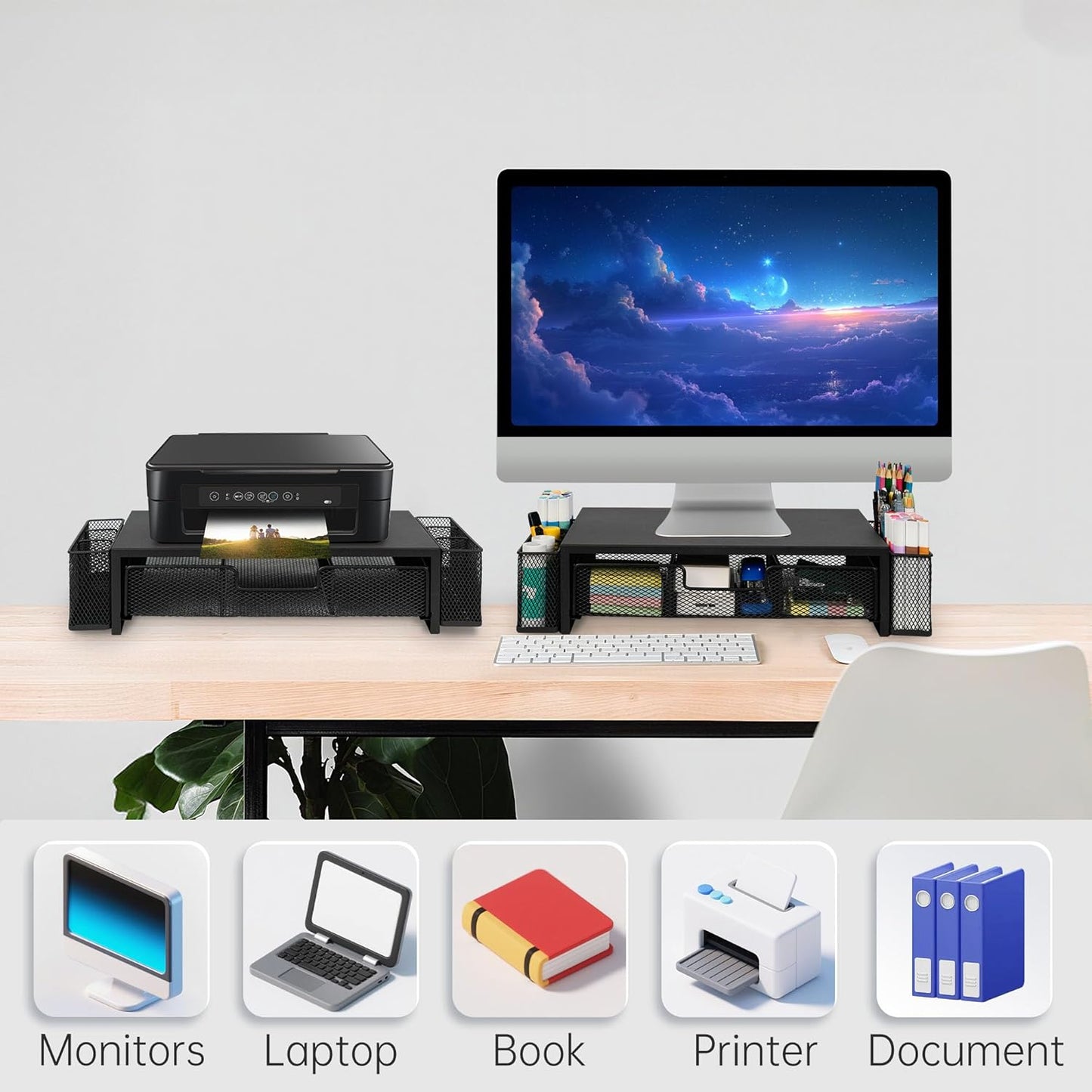 Qupui Computer Monitor Stand Riser with Drawer and Pen Holders, Desk Organizer Shelf and Accessories, Office Desk
