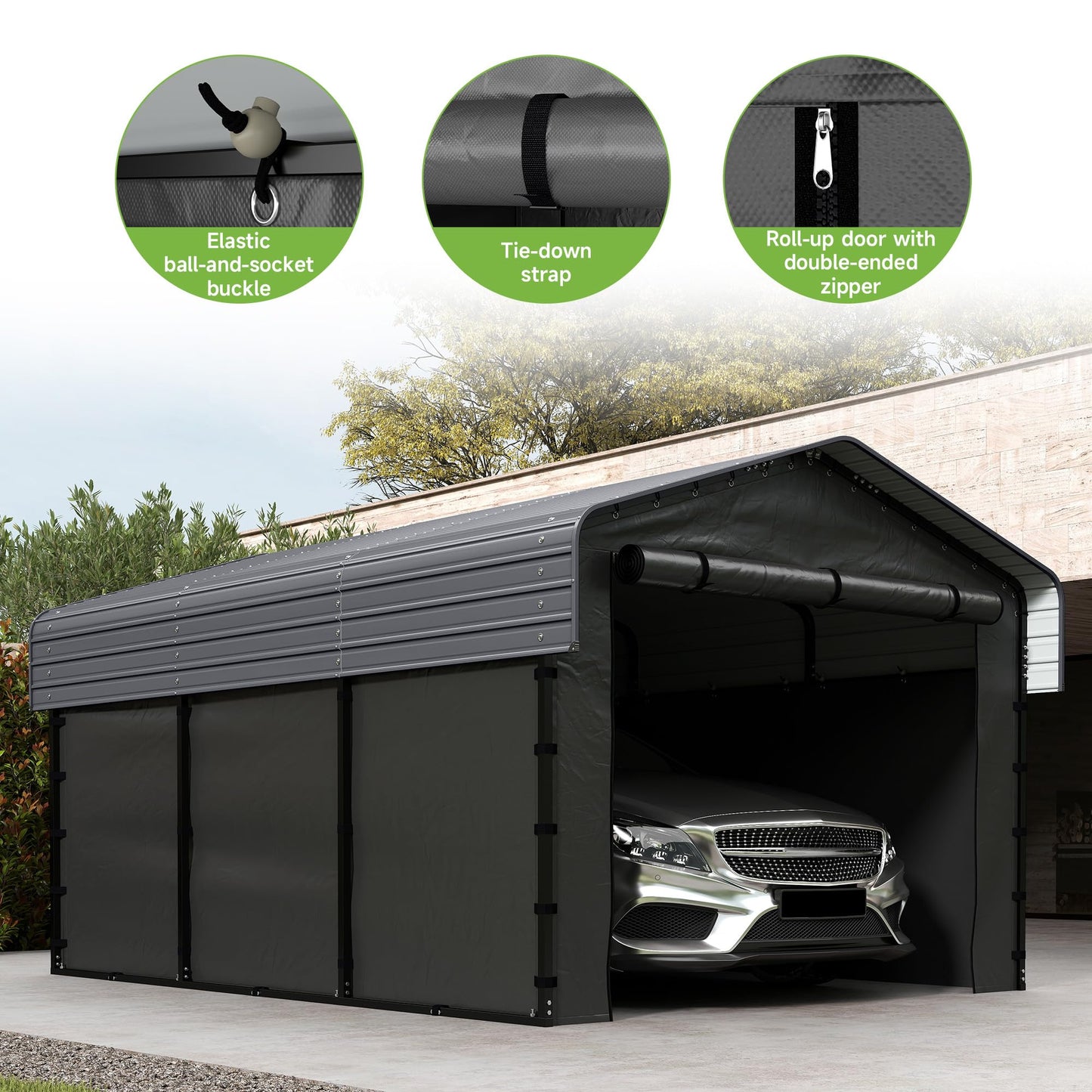 10x15FT Heavy Duty Metal Carport,Outdoor Garage with Removable Sidewalls & Doors, Heavy Duty Steel Frame and Galvanized Roof for Cars and Boats, Gray