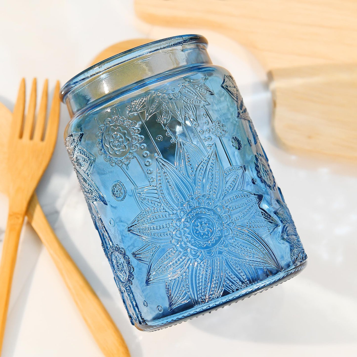 Custde Glass Storage Jars With Airtight Lid, 23.7oz Canister For Kitchen Counter with Bamboo Lid, brown sugar, candy, coffee, cookie, salt, tea,pantry cute Jar (Blue 2-Pack, 23.7 fl oz)