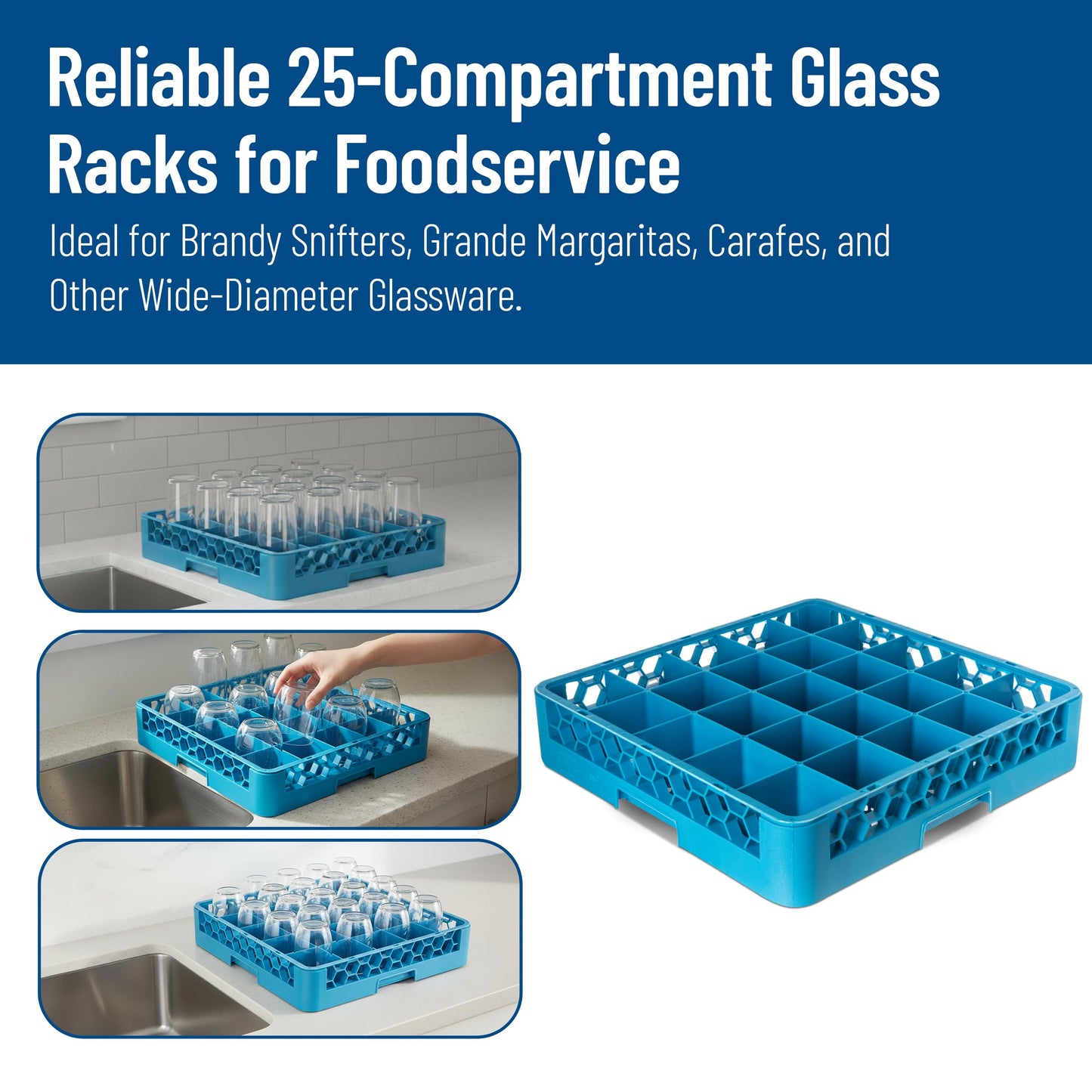 Carlisle FoodService Products OptiClean 25 Compartment Glass Racks – Fits 3.25" Diameter Red Wine Goblets, Beverage Glasses, Rocks Glasses, Tamper Proof Restaurant Kitchen, Blue