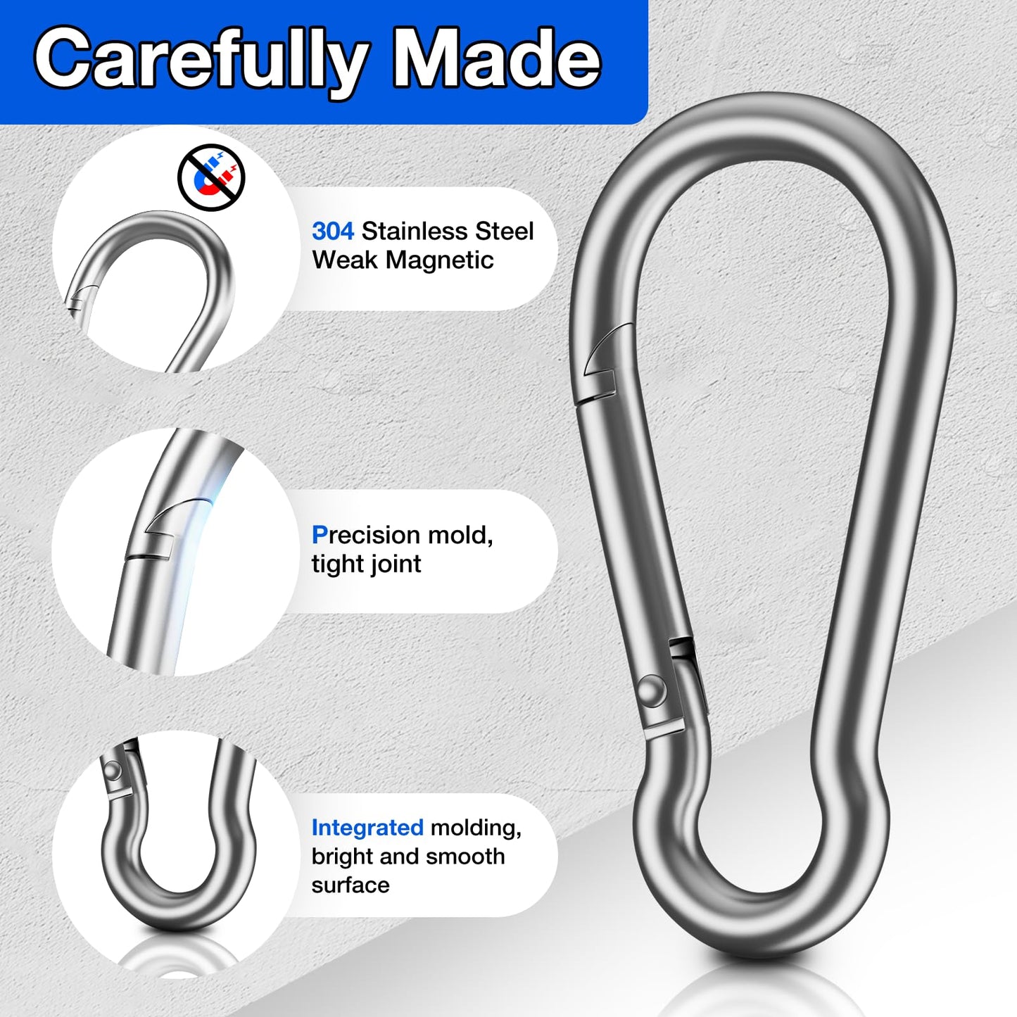 304 Stainless Steel Carabiner Clips, 【NO Rust】 1360lbs Heavy Duty Carabiners, 2.36 inch D-Ring Snap Hook Keychain Spring Clips for Gym, Pet leashes (8PCS 304 Stainless Steel Clips)