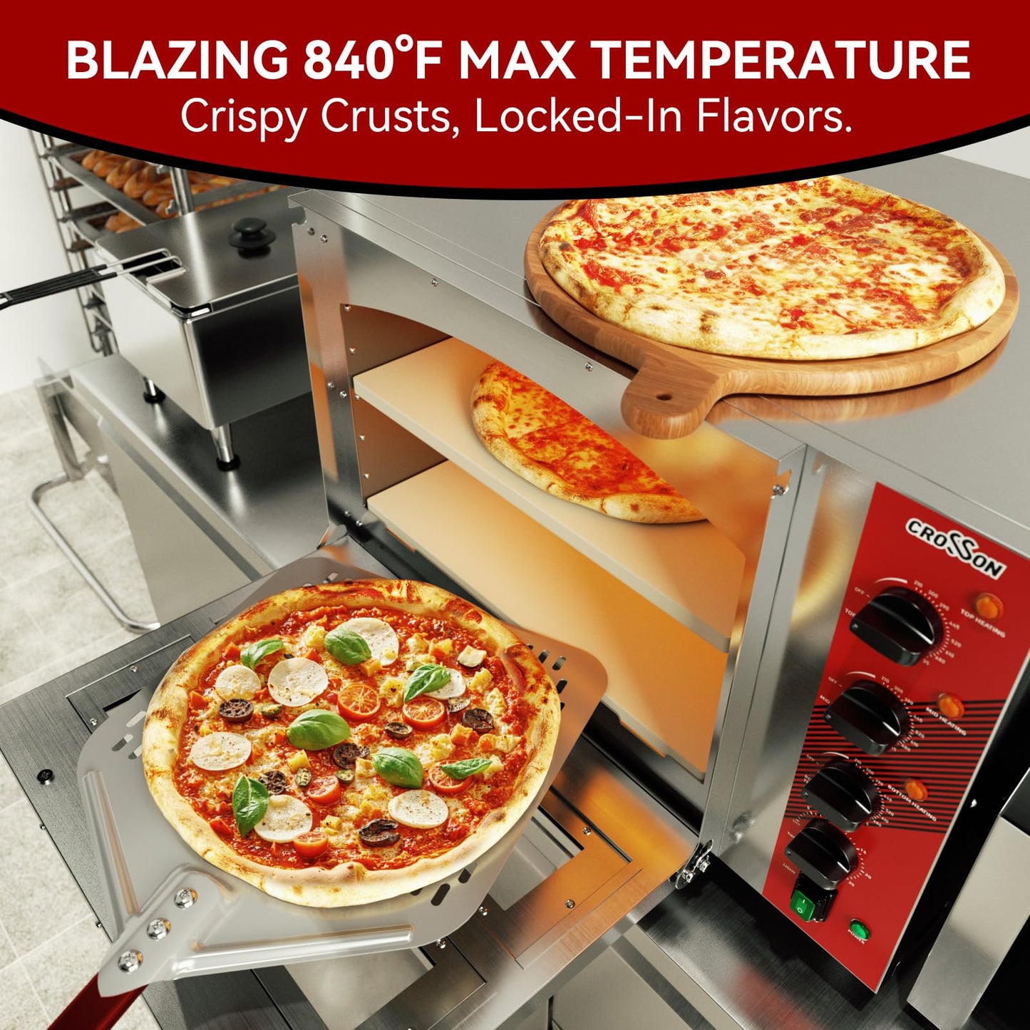 CROSSON Commercial Double Deck 18 Inch Countertop Electric Pizza Oven with 15mm Thick Pizza Stone, Indoor Pizza Bakery Oven for Commercial Use Only,240V/4500W