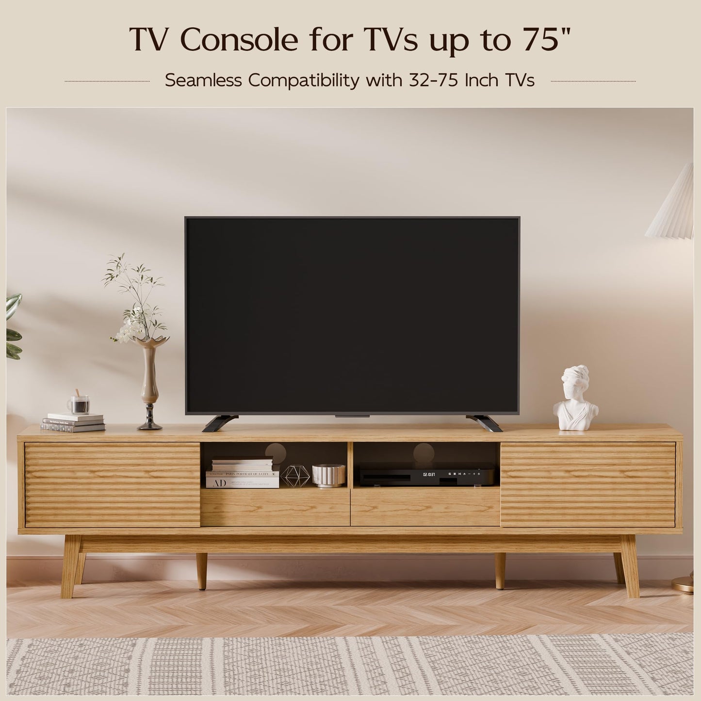 TOLEAD 70" Mid Century Modern TV Stand for TVs up to 75 Inch, Low Profile Entertainment Center with Fluted Sliding Doors & Storage Drawers, Wood TV Console Table for Living Room, Oak
