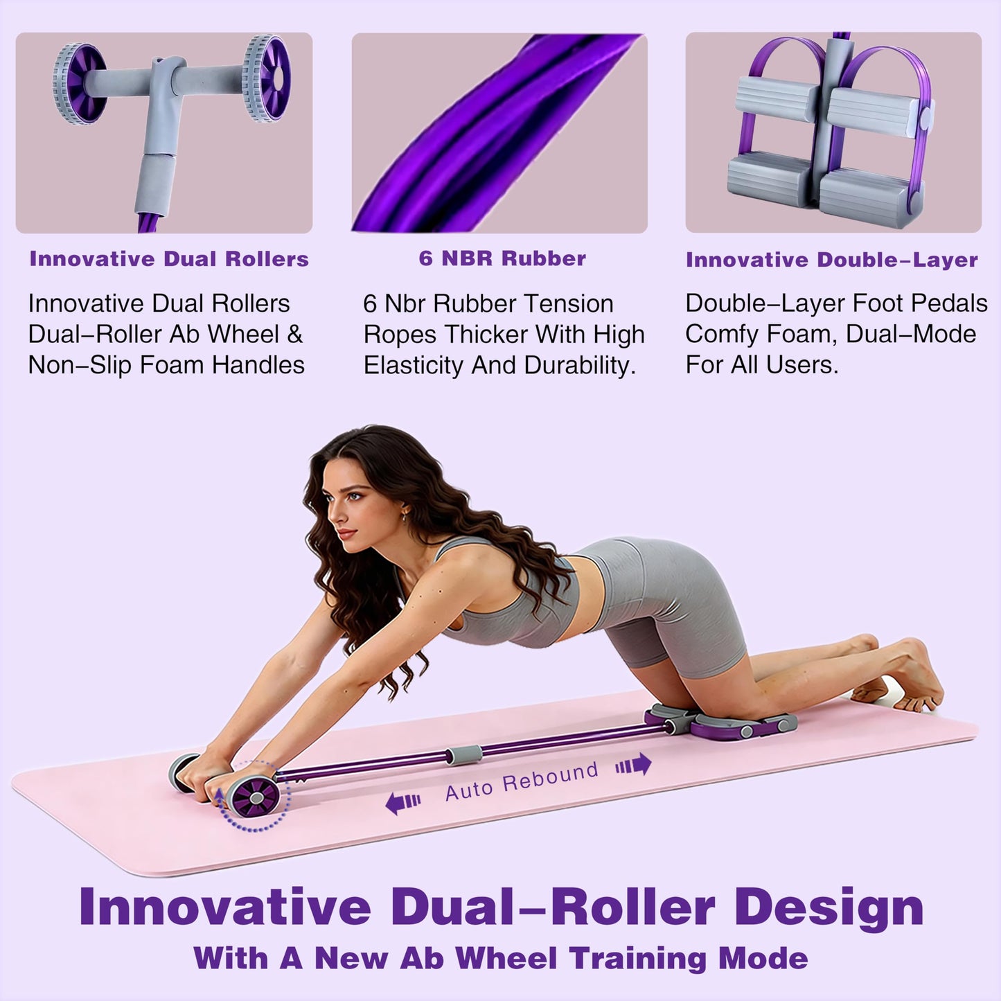 Resistance Bands with Handles, 6 Tube Pedal Resistance Band for Exercise, Dual Pedal Adjustable Resistance, Ab Roller Handle Full Body Home Workout Equipment for Abs, Legs, Arms, Women (Purple)