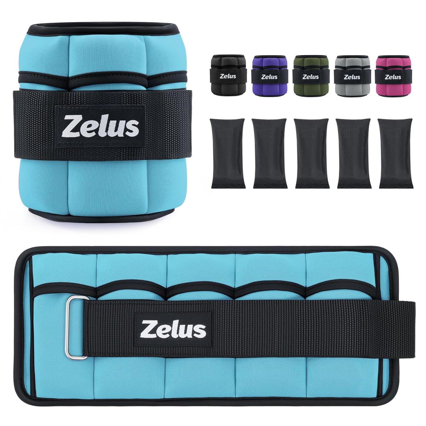 ZELUS 1 Pair Adjustable Ankle Weights, 10 lb Modularized Leg Weight Straps for Women Men, Weighted Ankle Weight Set with Removable Sandbags, 1-5 lb per Ankle Strap for Gym Yoga Jogging Walking, Blue