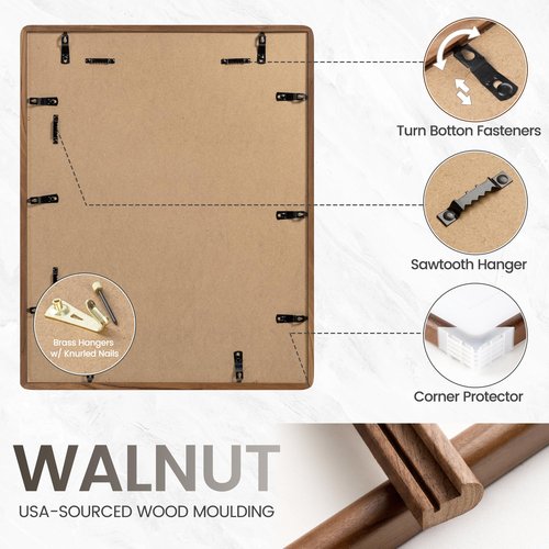 FLYJOE 11x14 Picture Frame, Natural Solid Walnut Wood Photo Frame with HD Tempered Glass, Rounded Corner Wooden Frame 11 x 14 Matted to 8x10, Horizontal or Vertical Wall Mounting