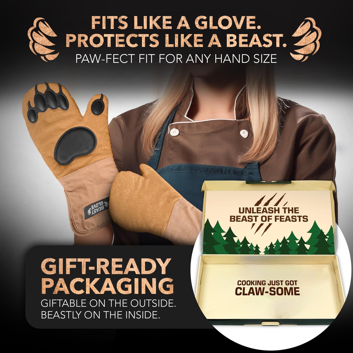 Bear Paw Oven Mitts (Beast Gloves) Funny Heat Resistant Oven Gloves, Non Slip Silicone Grip Bear Hands, Thick Potholders Set for Baking Grilling BBQ, Kitchen Gift, Cooking Gifts Kitchen Mitts Set