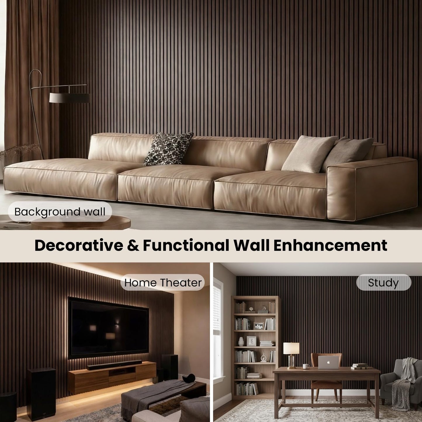 Wood Slat Wall Panels - 4 Pack 93.7" × 11" - Acoustic Panels Noise Reduction for Home Office Studio, 3D Fluted Sound Dampening Absorbing Panels, Dark Walnut