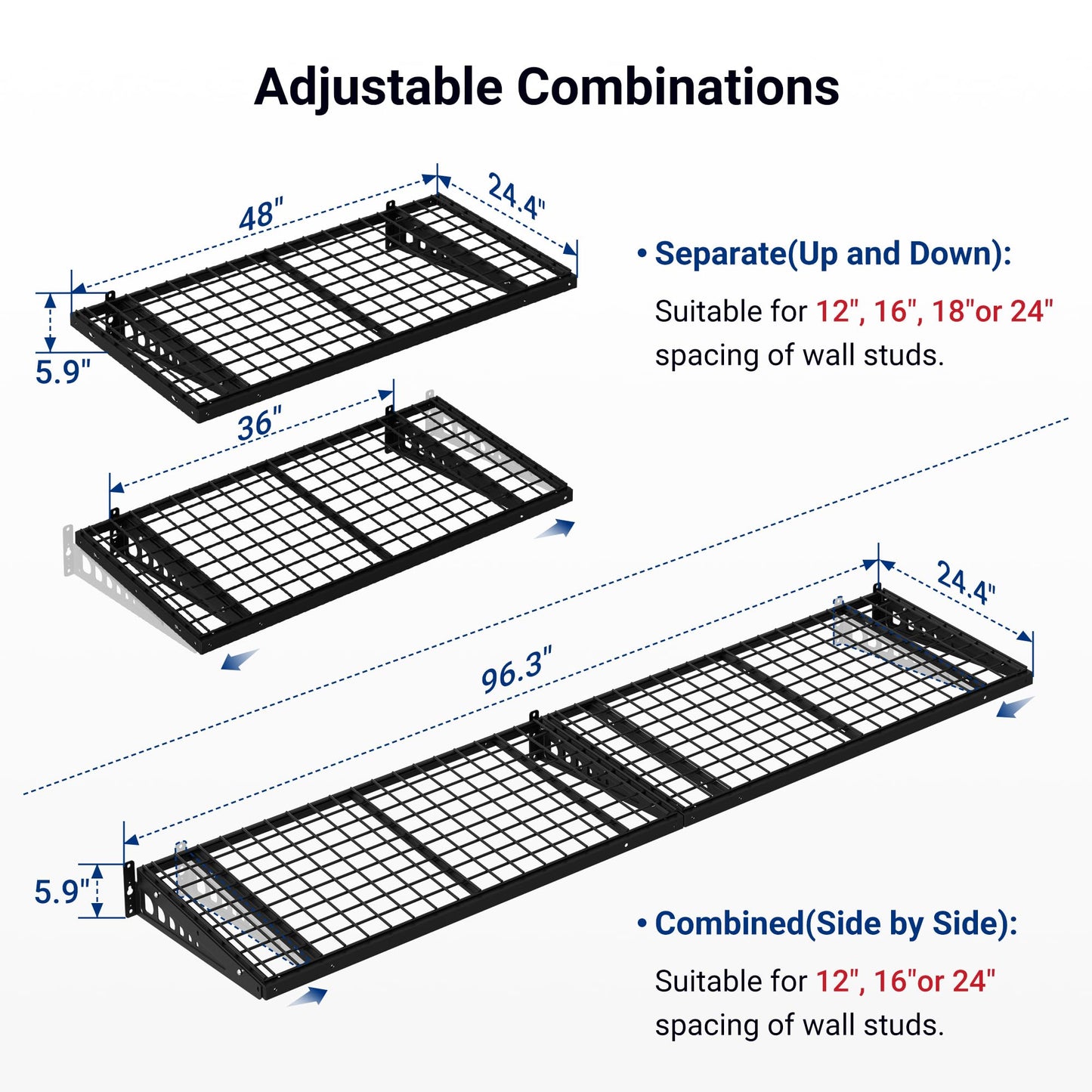 FLEXIMOUNTS 2 Pack 2x4ft Garage Storage 24x48 inch Heavy Duty Bike Wall Shelving Rack, 660lbs Total Weight Capacity, Black, Pro Series