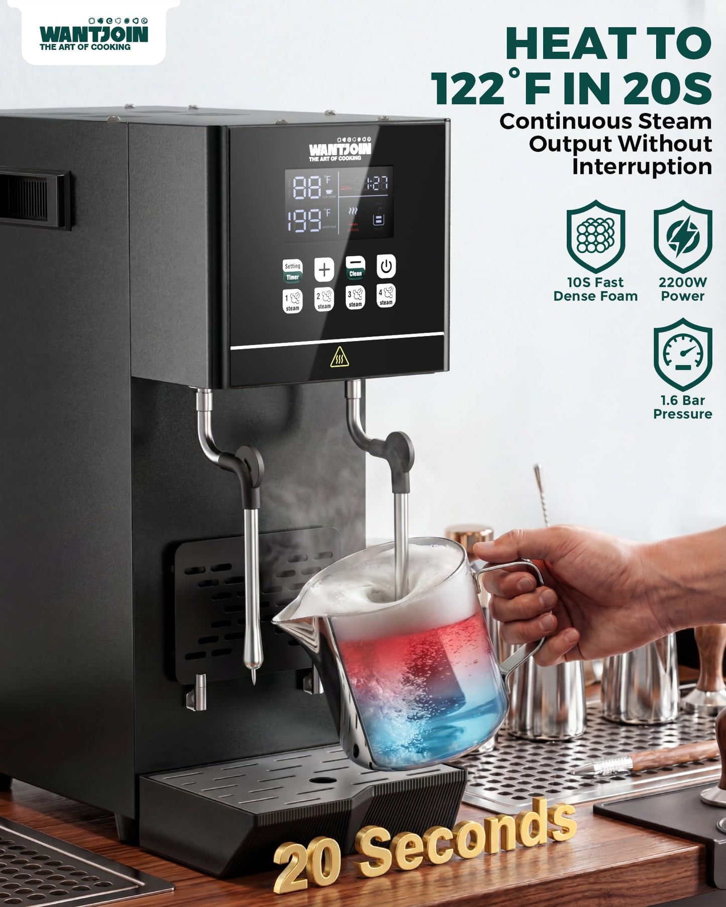 WantJoin Commercial Milk Frother & Beverage Heater - 2000W Multi-functional Milk Steamer Machine with LED Display Panel for Latte Cappuccino Coffee Milk Tea Foam & Hot Water Dispenser, Hotel Home Use