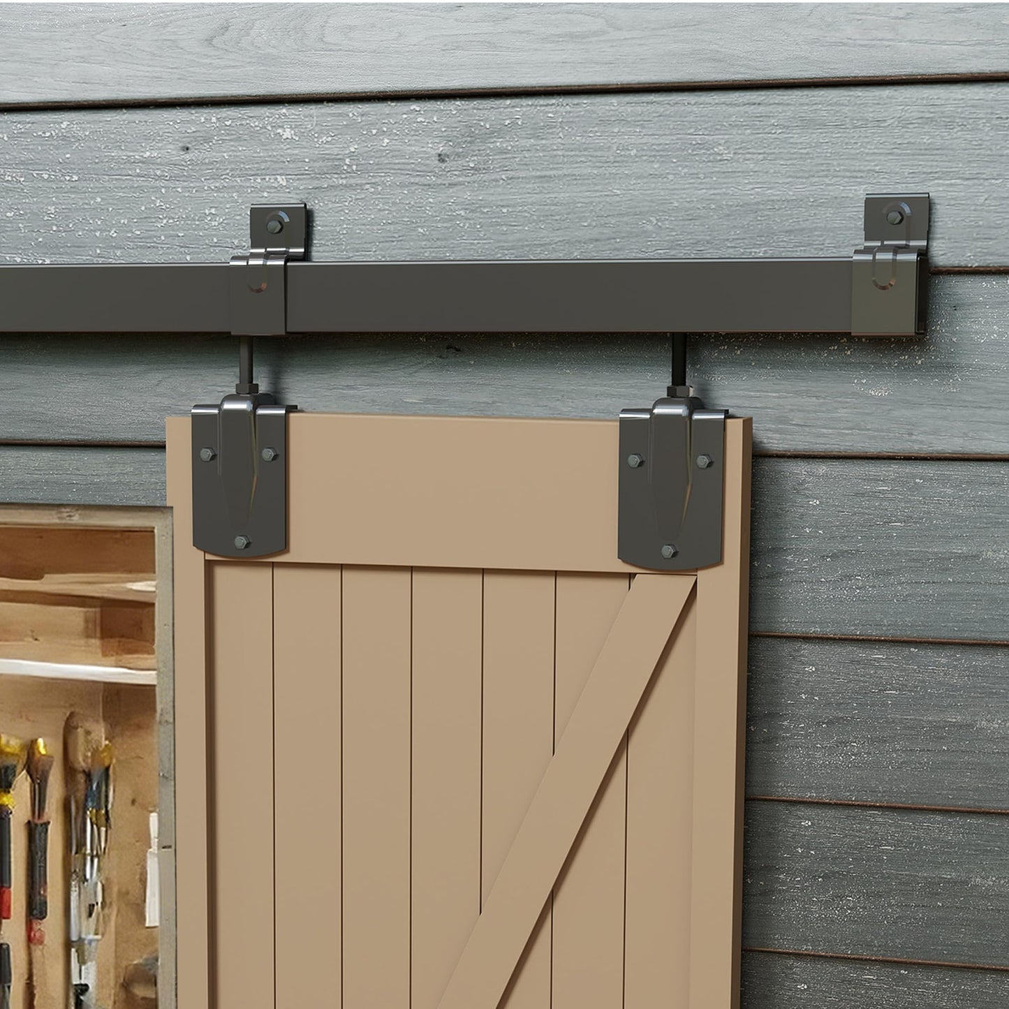 JUBEST 10FT Box Rail Exterior Barn Door Hardware Kit, Heavy Duty Sliding Door Track Kit Wall Mount Door Hardware Kit for Two Doors System(Doors Not Included), Black