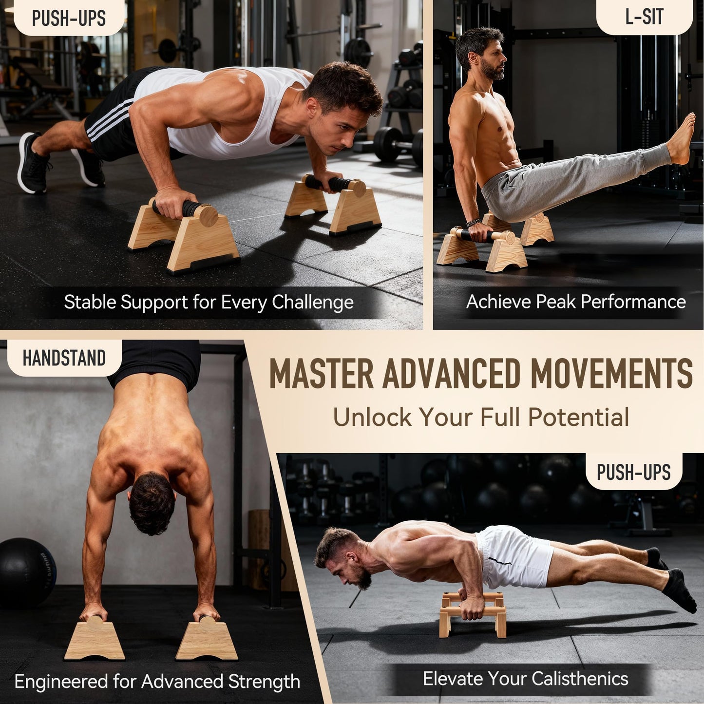 Wood Push up Bar, 2 PCS Parallettes Bars for Men Strength Training, Calisthenics Equipment for Handstand Training (wood, 20cm)