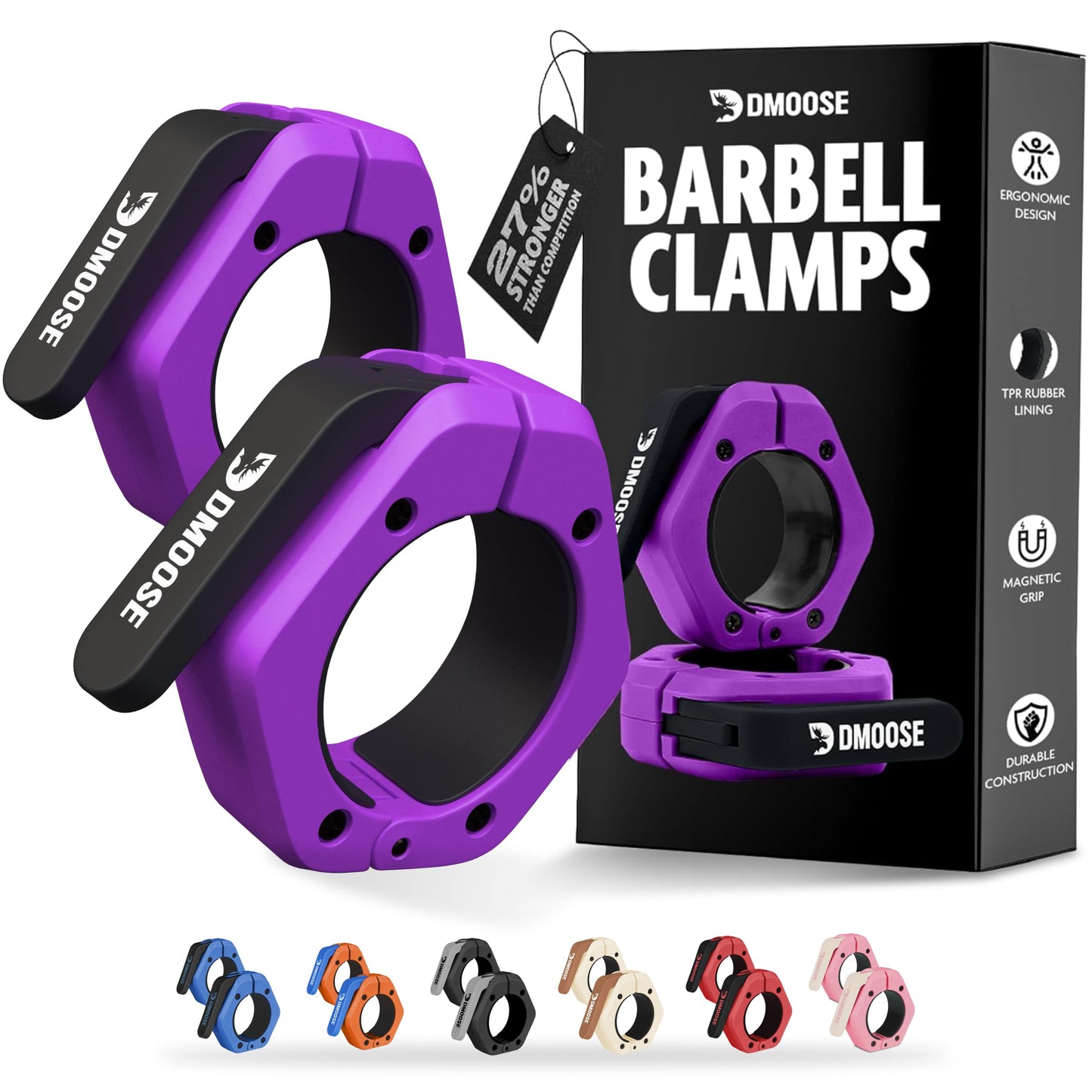 DMoose Barbell Clips (Pair) - Quick Release Olympic Barbell Clamps with Anti Slip TPR Grip, 2" Barbell Collars for Secure Weightlifting & Powerlifting (Purple & Black - Magnetic)