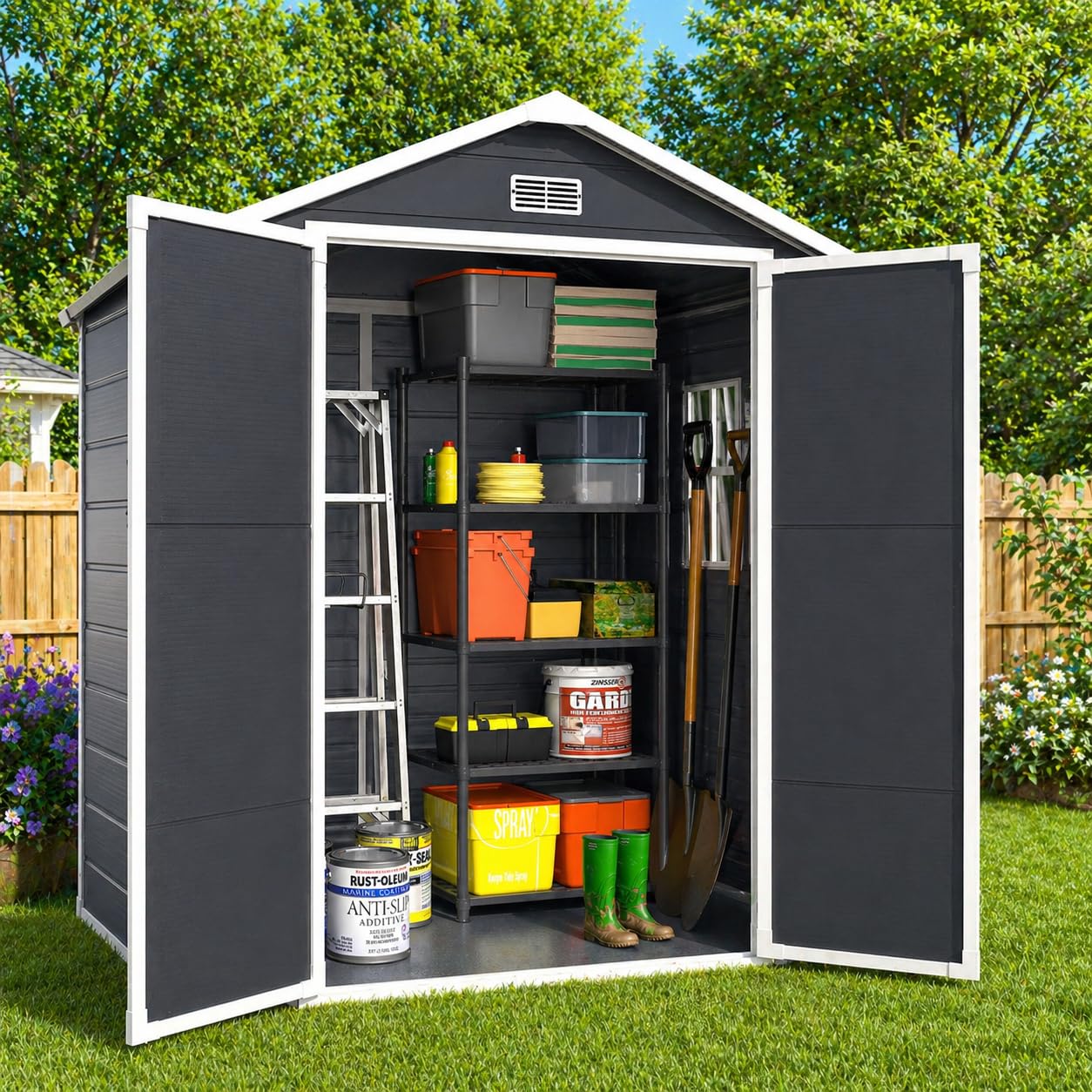 HUGROVE 6×4ft Outdoor Storage Shed with Floor, Waterproof & UV-Resistant Resin Garden Shed for Backyard with Lockable Double Doors, Air Vents & Side Window (Dark Gray)
