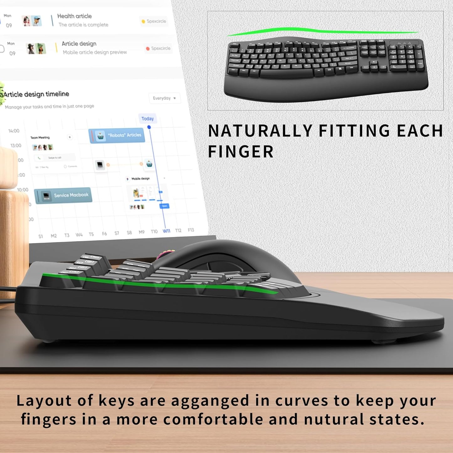 RECCAZR Ergonomic Keyboard, Wired Computer USB Keyboard with Wrist Rest, Spill-Resistant, Wave Keys for Natural Typing