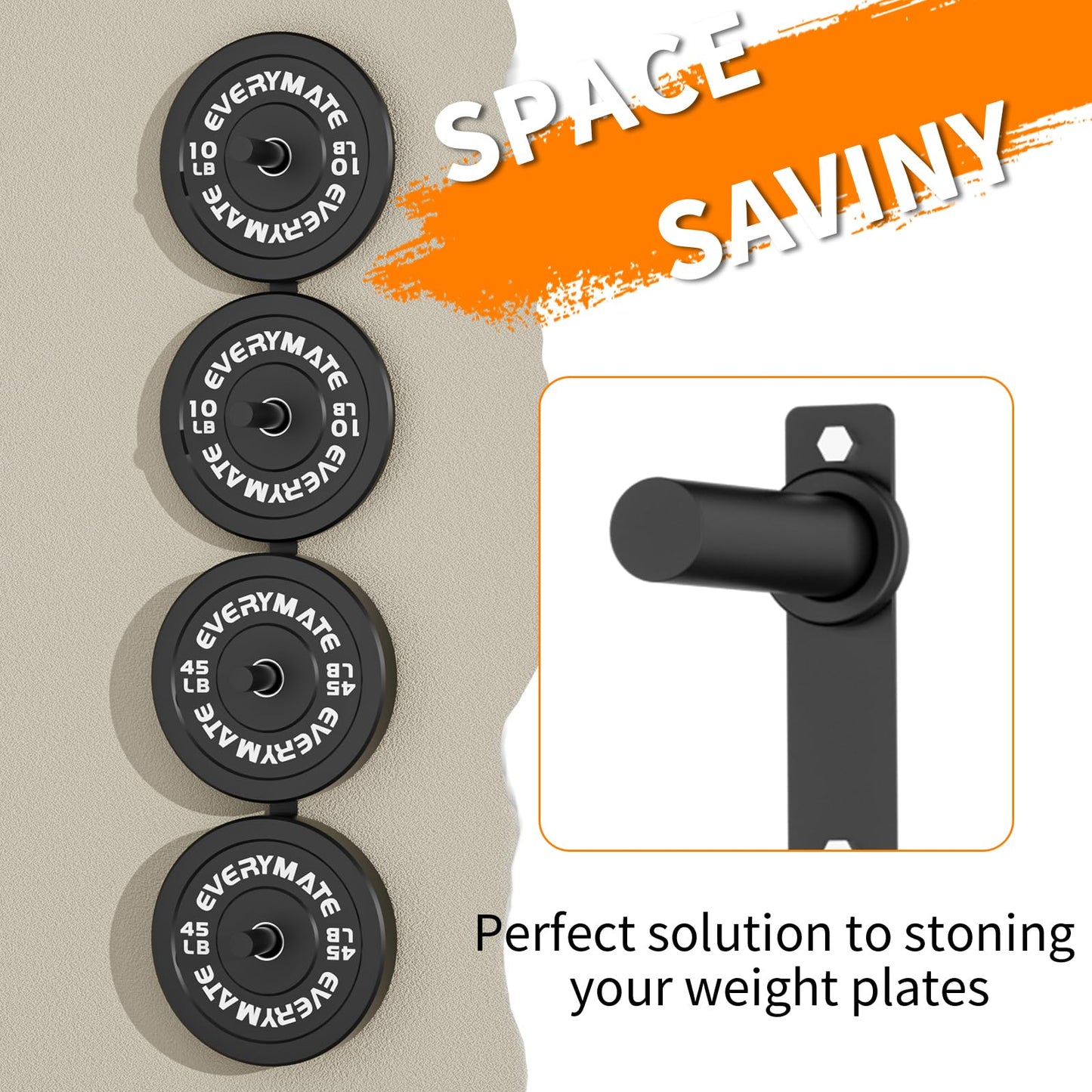 EVERYMATE Weight Plate Storage Rack, Wall Mounted Weight Plate Holder, Bumper Plate Storage for Home Gym, Heavy Weight Plates Holder Fit 2"Plates (4peg)