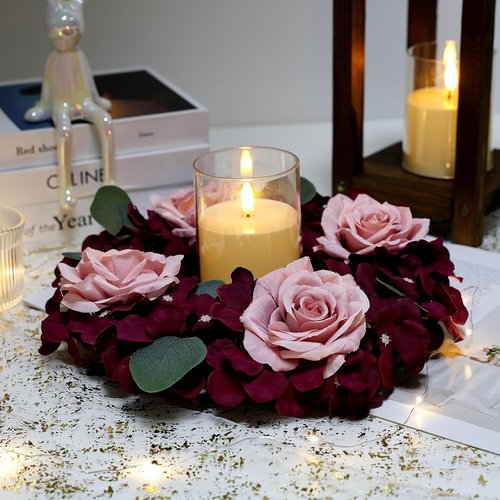 Artificial Flower Candle Rings - 6-Inch Rose Floral Wreaths with Butterflies for Wedding Centerpieces | Burgundy & Dusty Pink