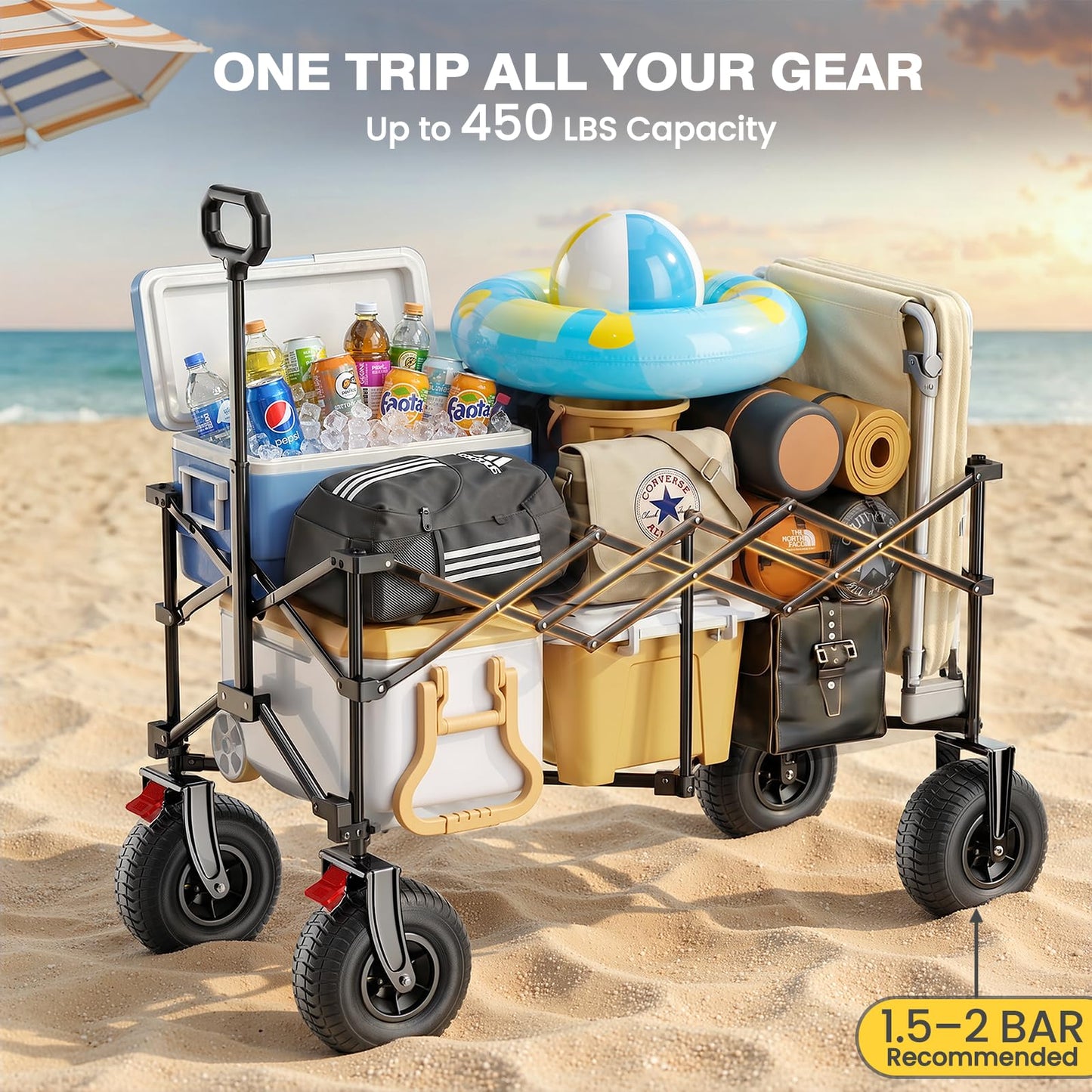 All-Terrain Beach Wagon with 9x3.5IN Big Inflatable Rubber Wheels for Sand, 240L Collapsible Wagon Cart, 450lbs Heavy Duty, Quiet Smooth Ride, Puncture-Resistant Tires, Side Pockets, Black