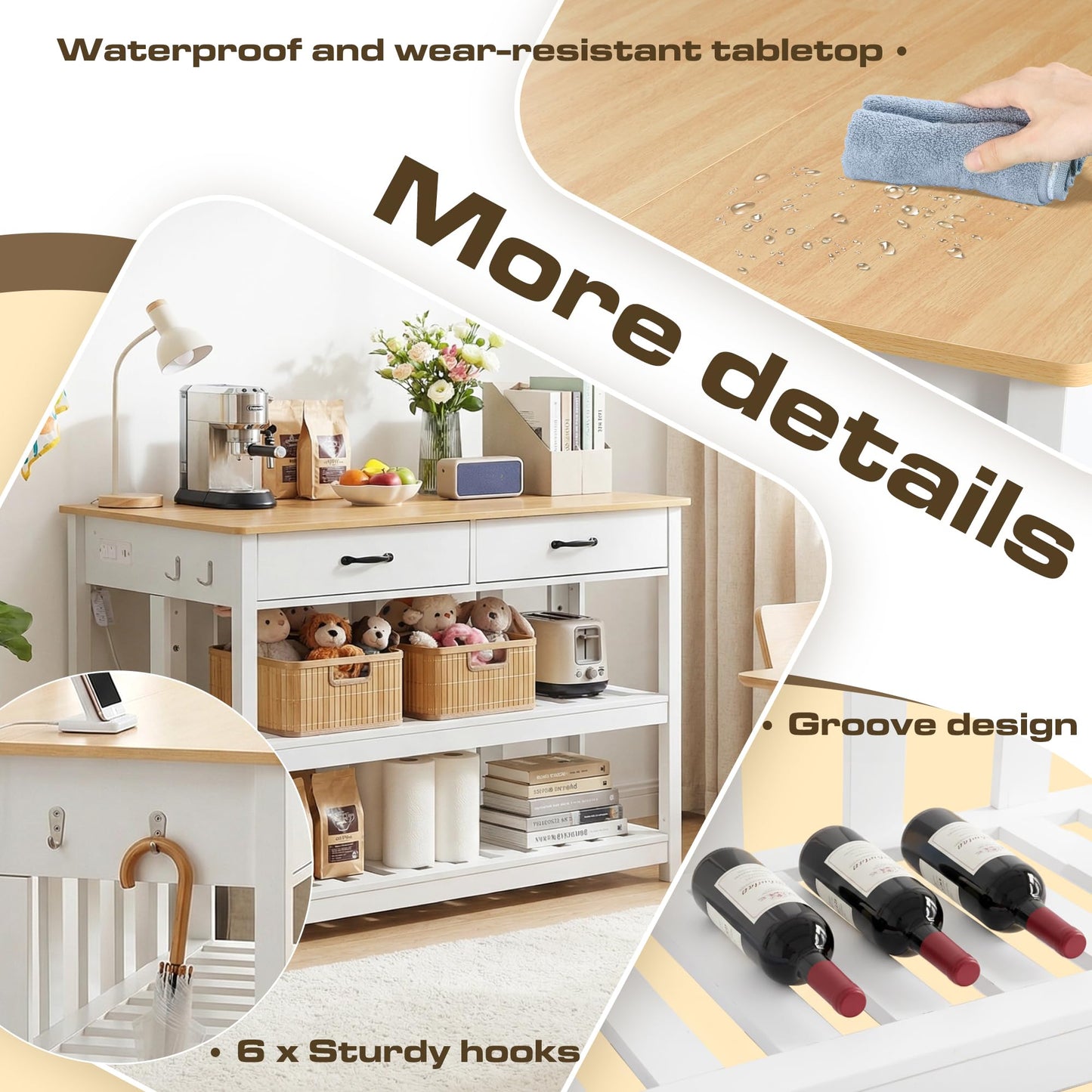 Grepatio 47 Inches Kitchen Island with Storage, Wooden Island Counter with Charging Station, Island Table with Shelves, 2 Drawers and 4 Hooks for Kitchen, Living Room, Dining Room, White and Natural