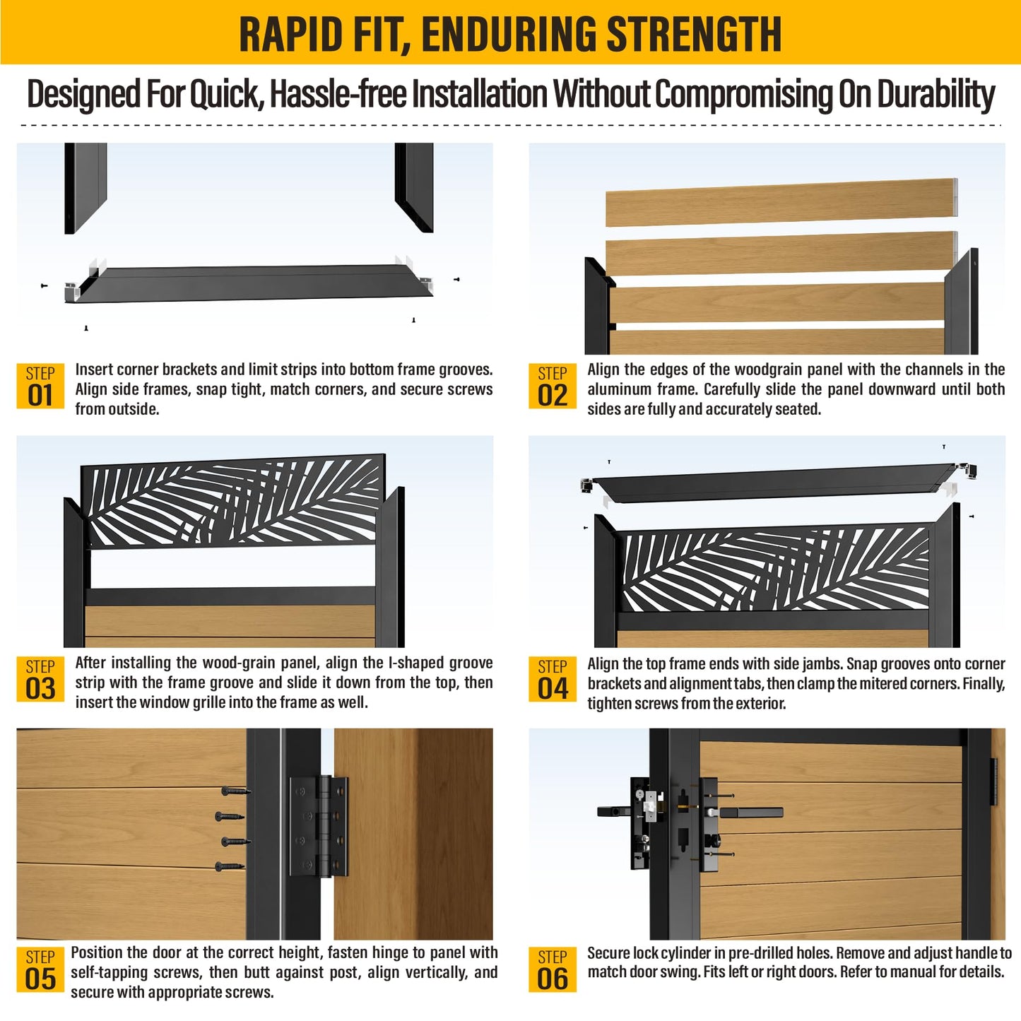 Brukid 4x5 FT Aluminum Fence Gate Kit Wood Grain Aluminum Gate with Decorative Cutout, Lock & Hinges, Left/Right Opening, Weather Resistant for Yard Garden Patio