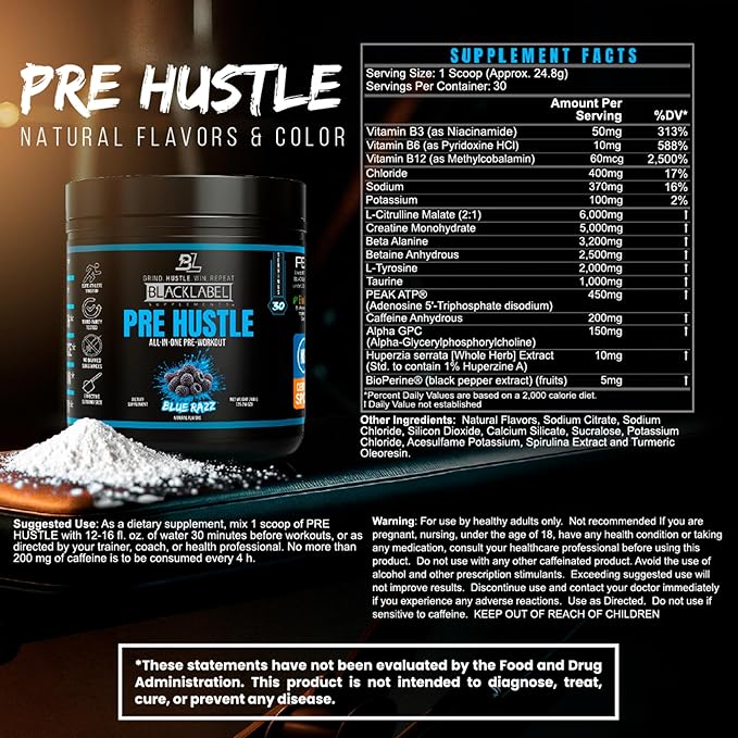 BLACKLABEL Supplements PRE Hustle V3 Pre-Workout Powder ??NSF Certified for Sport ??Energy, Strength & Endurance Support ??Blue Razz ??with Creatine & Caffeine ??30 Servings