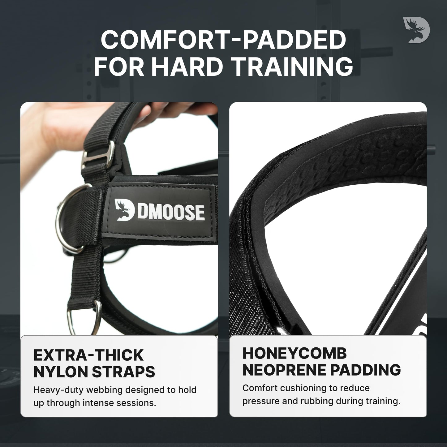DMoose Fitness Neck Harness Plus for Weight Lifting - Soft Padded Head & Chin Strap with 30" Heavy Duty Steel Chain, 2 Bands & Door Anchor - Neck Exerciser & Strengthener (Neck Harness Plus)