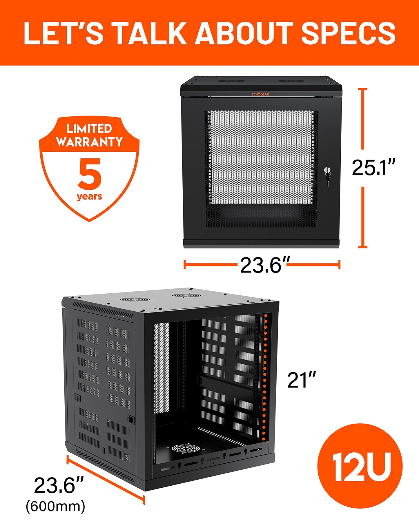 ECHOGEAR 12U Network Rack - Enclosed Wall Mount Rack Kit Includes 2X 1U Shelves, Pre-Mounted Fan, Lockable Door & Hardware - 600mm Depth Fits All Your AV Gear