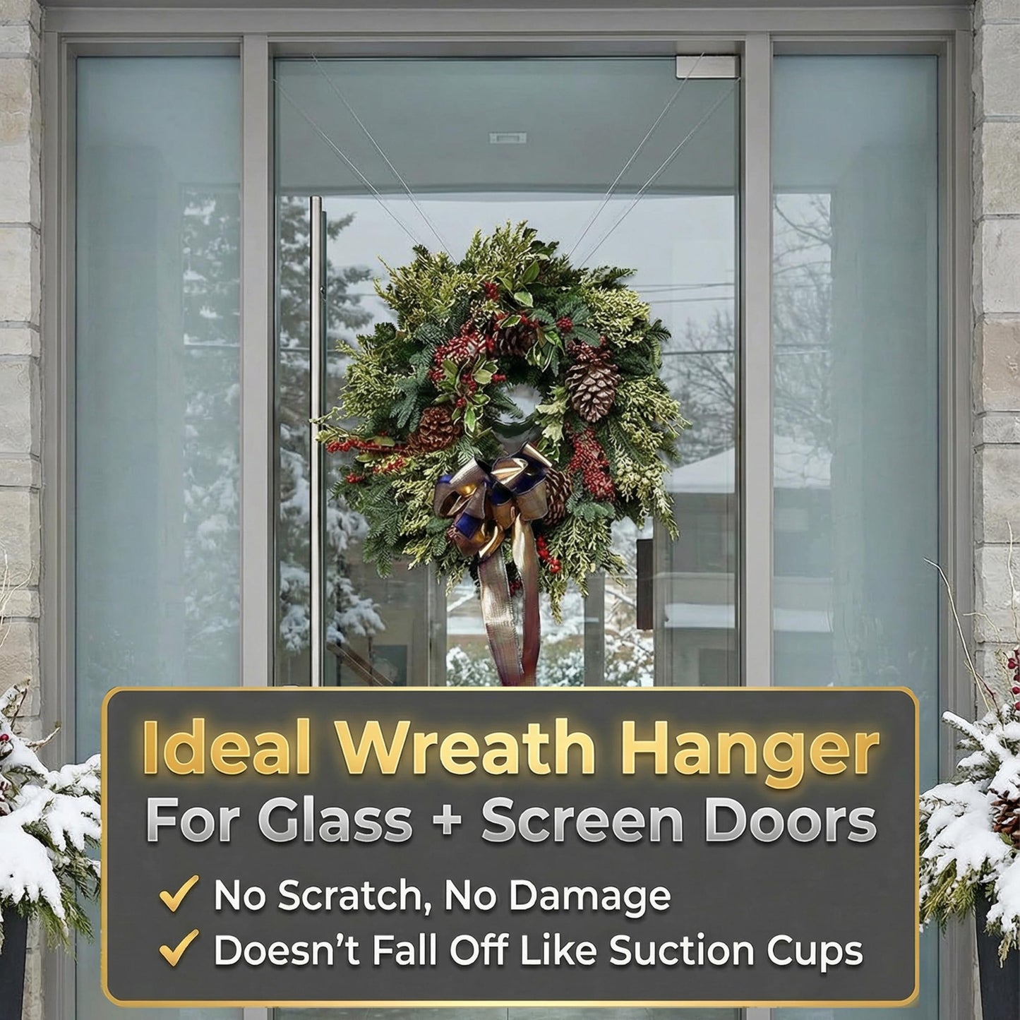Zip 'n Hang Wreath Hanger for Front Door – Damage Free Adjustable Door Wreath Hanger for Glass, Screen & Standard Doors, Christmas Wreath & Decor Hook (White - 1 Pack)