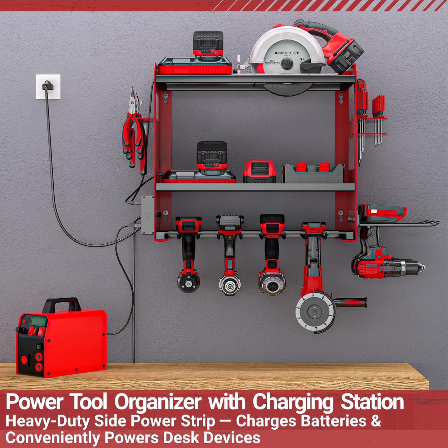 YYR Power Tool Organizer - Wall Mount Charging Station & Heavy-Duty Drill Holder - Red