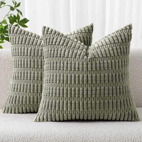 MIULEE Corduroy Throw Pillow Covers - Soft Boho Striped Design | 20x20 Inch Light Olive Green, Set of 2